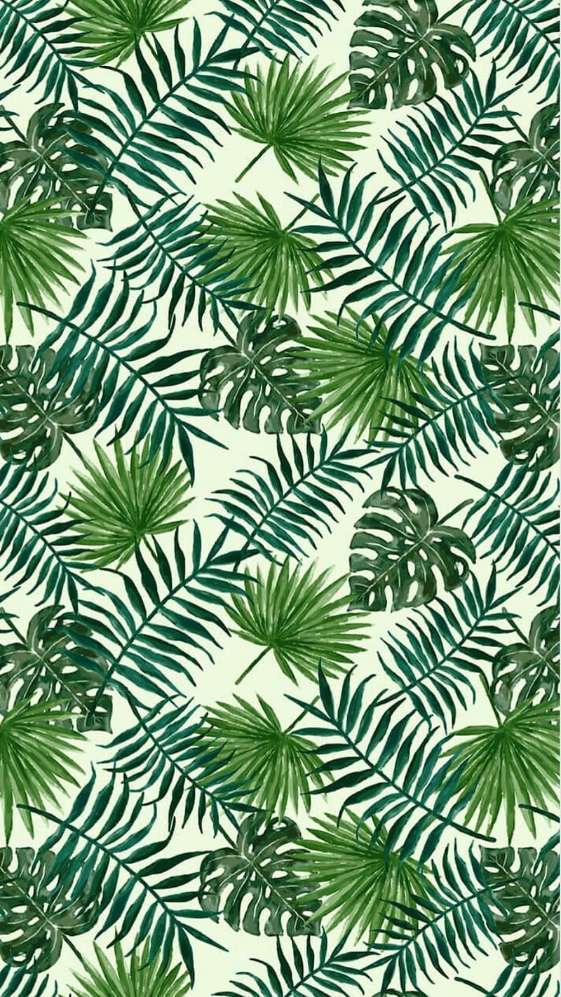 A pattern of green palm leaves on a cream background - Jungle