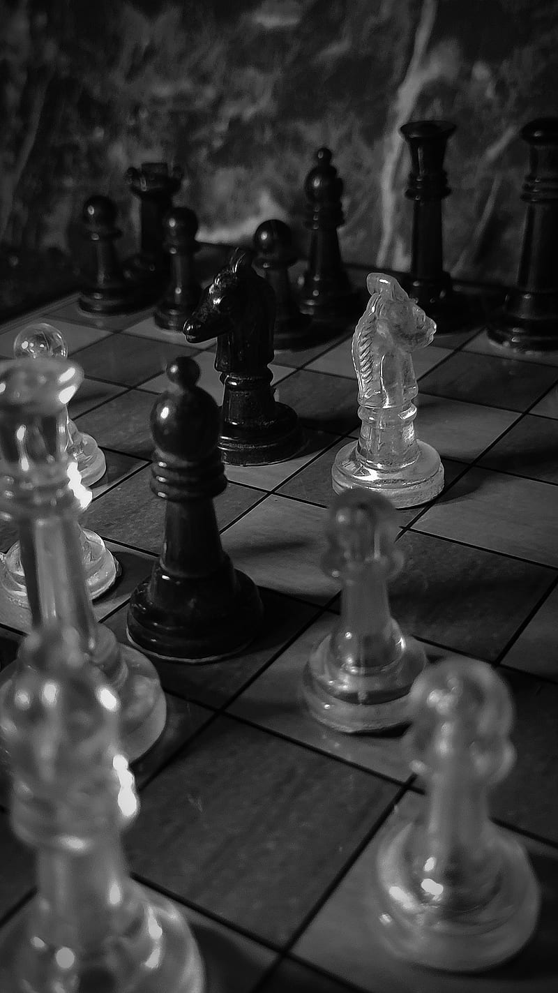 A black and white photo of chess pieces on the board - Chess