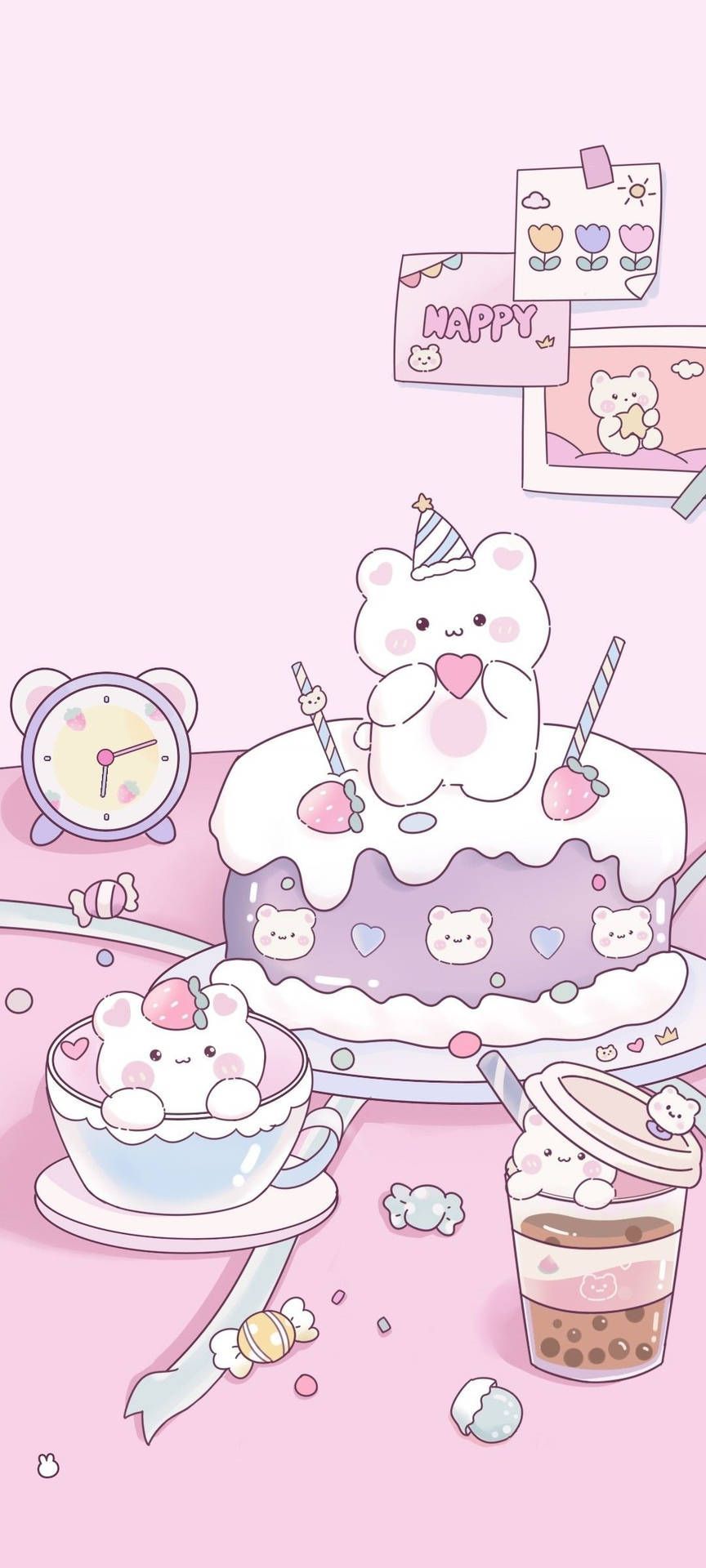 IPhone wallpaper of a cute pink background with a birthday cake and a clock - Cake