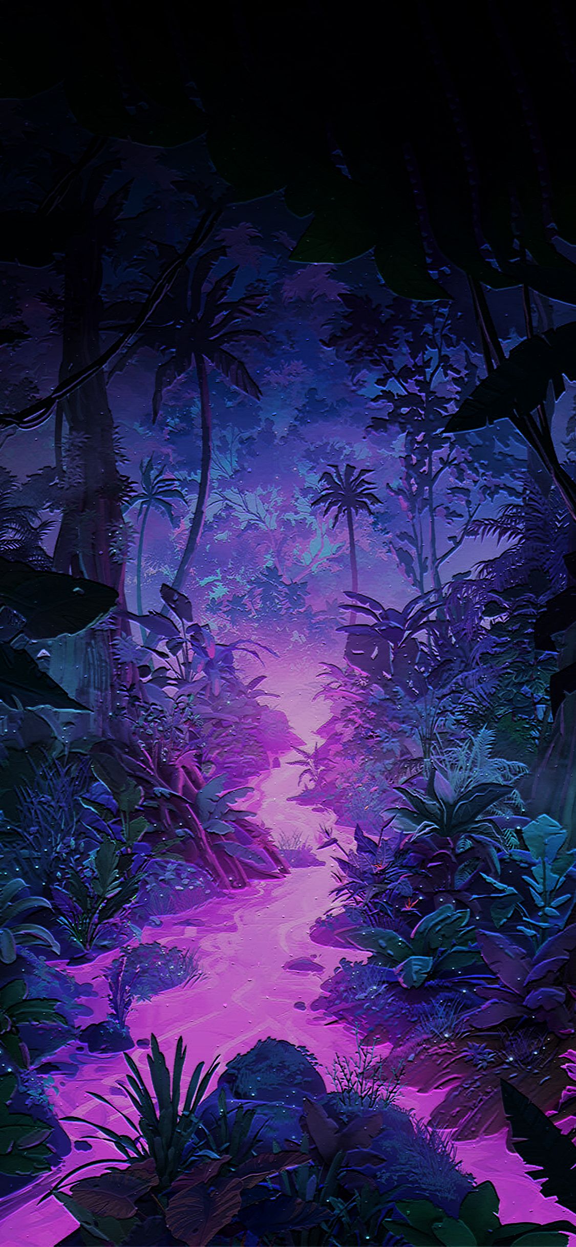 IPhone wallpaper of a neon pink river in a dark forest - Jungle