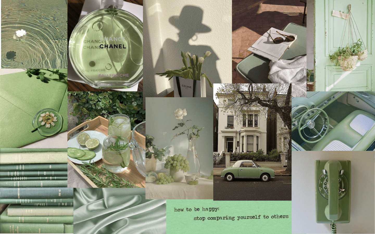 A collage of photos of the color green. - 1440x900
