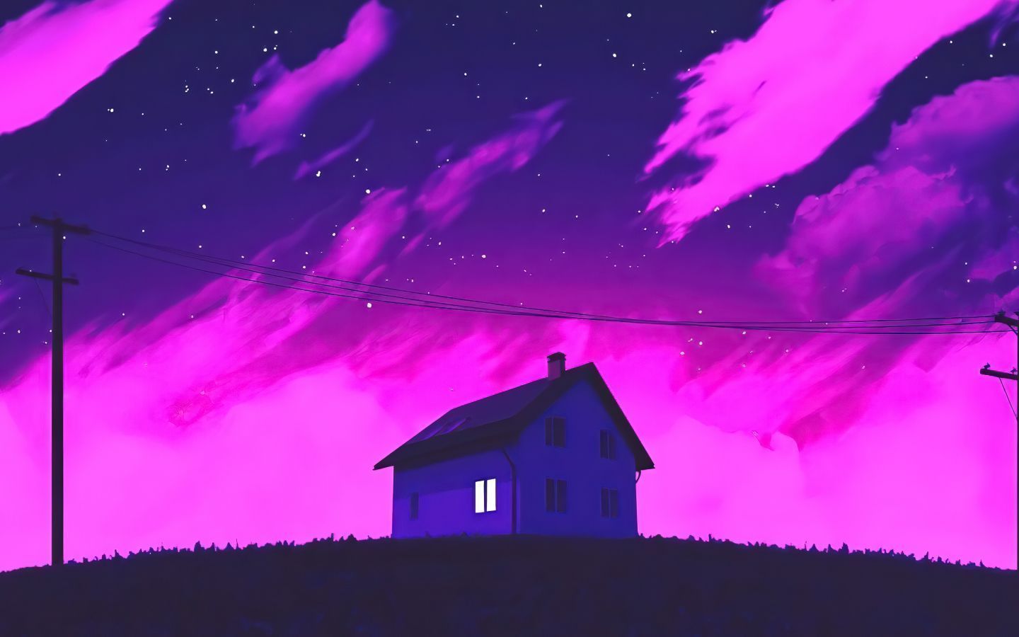 A house in the sky with purple clouds - 1440x900