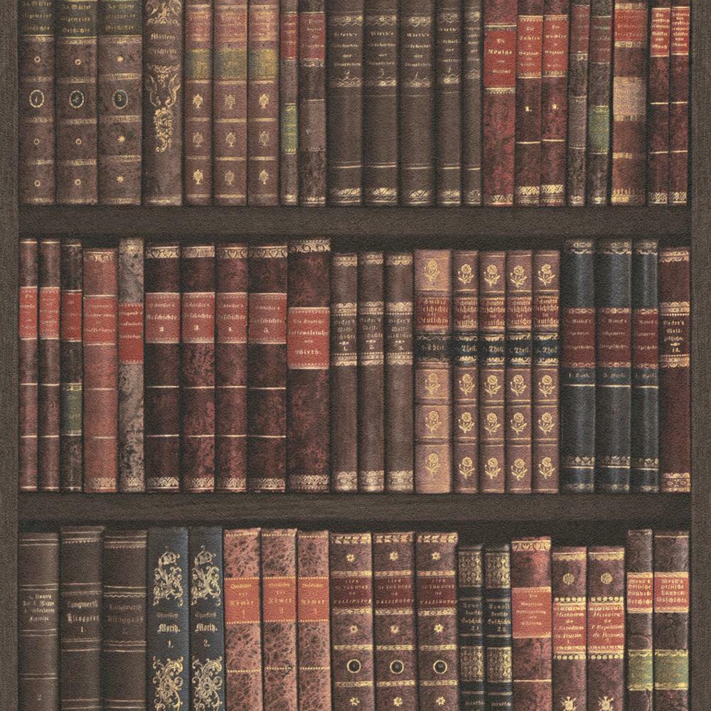 A wallpaper sample of a shelf of books in a dark red and brown colour scheme - Bookshelf