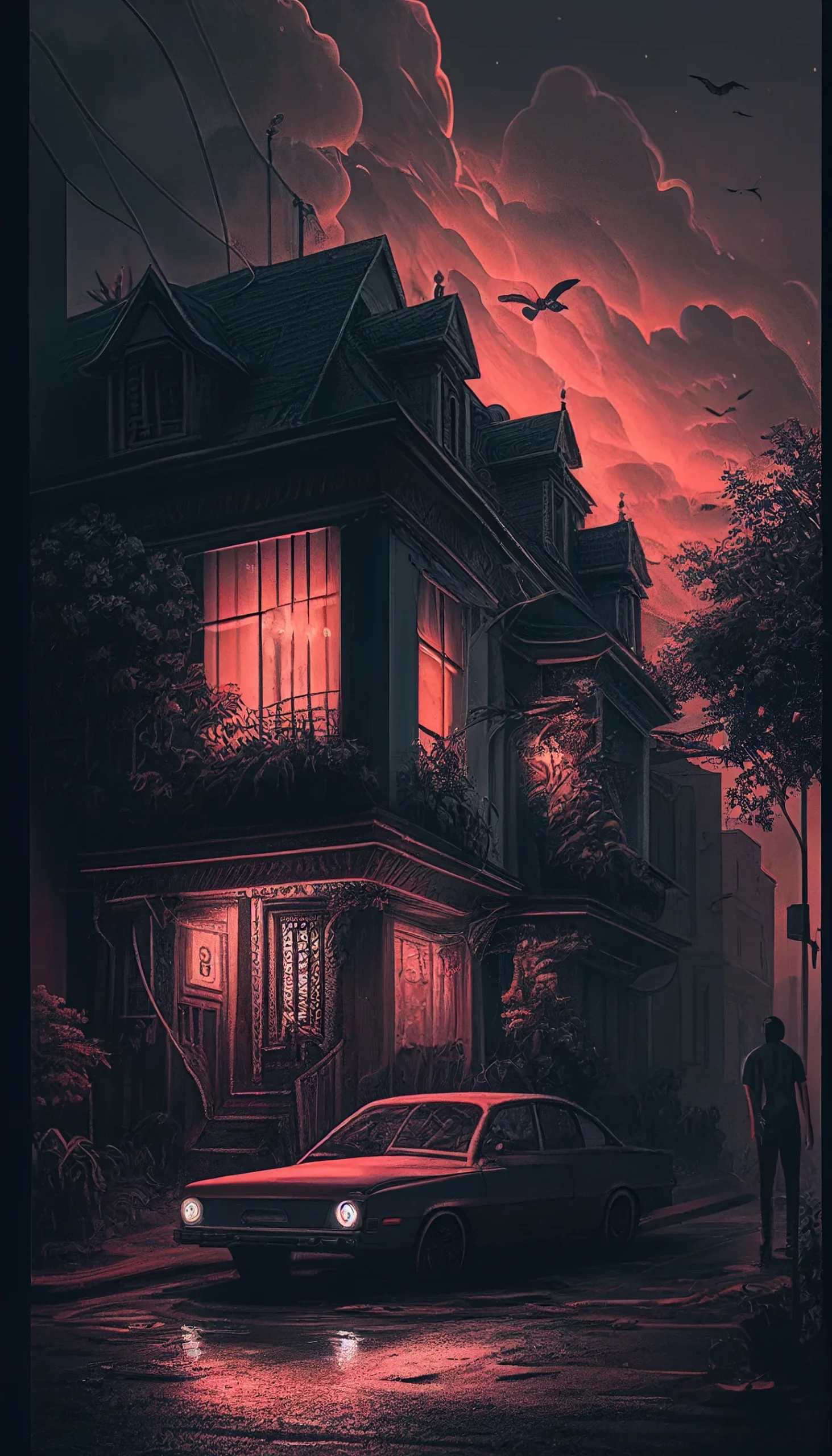 A painting of an old house with cars in front - Storm