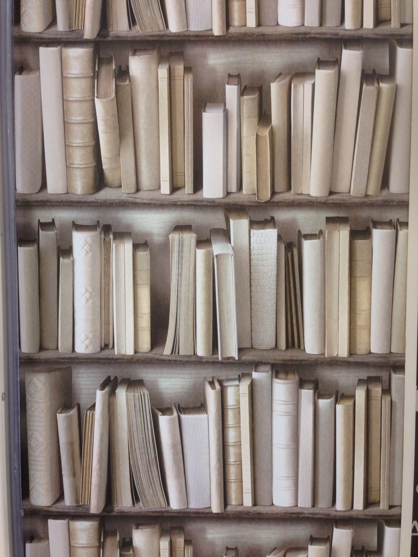 Bookshelf wallpaper from B&Q. £13 a roll. Book wallpaper, Unique wallpaper, Cream bookshelves