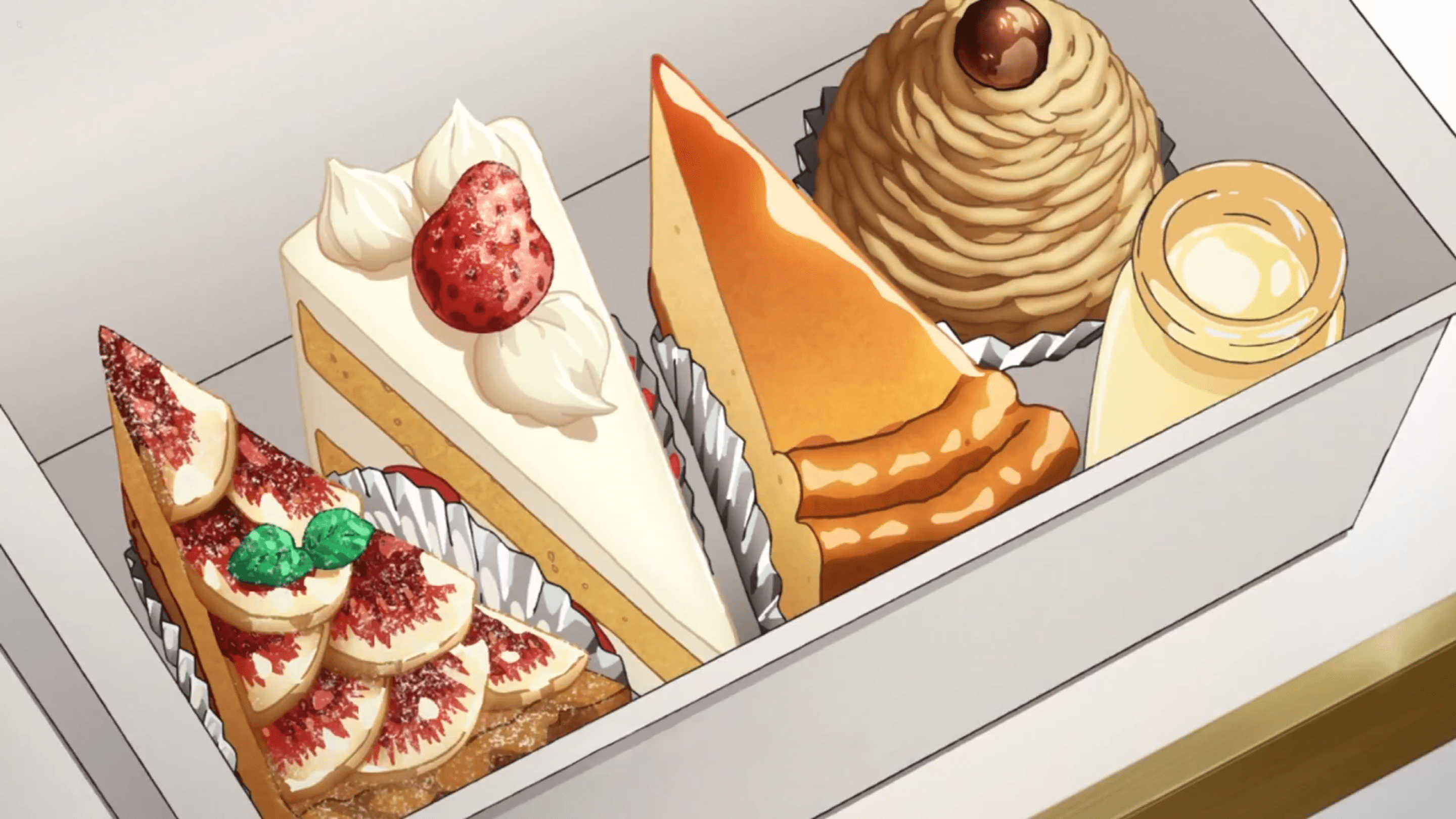 A box of various desserts, including a piece of cheesecake with strawberries on top, a slice of pie with whipped cream and a strawberry on top, a croissant, a cupcake with brown icing and a candle in it, and a cake with red sprinkles and a green mint leaf on top. - Cake, food