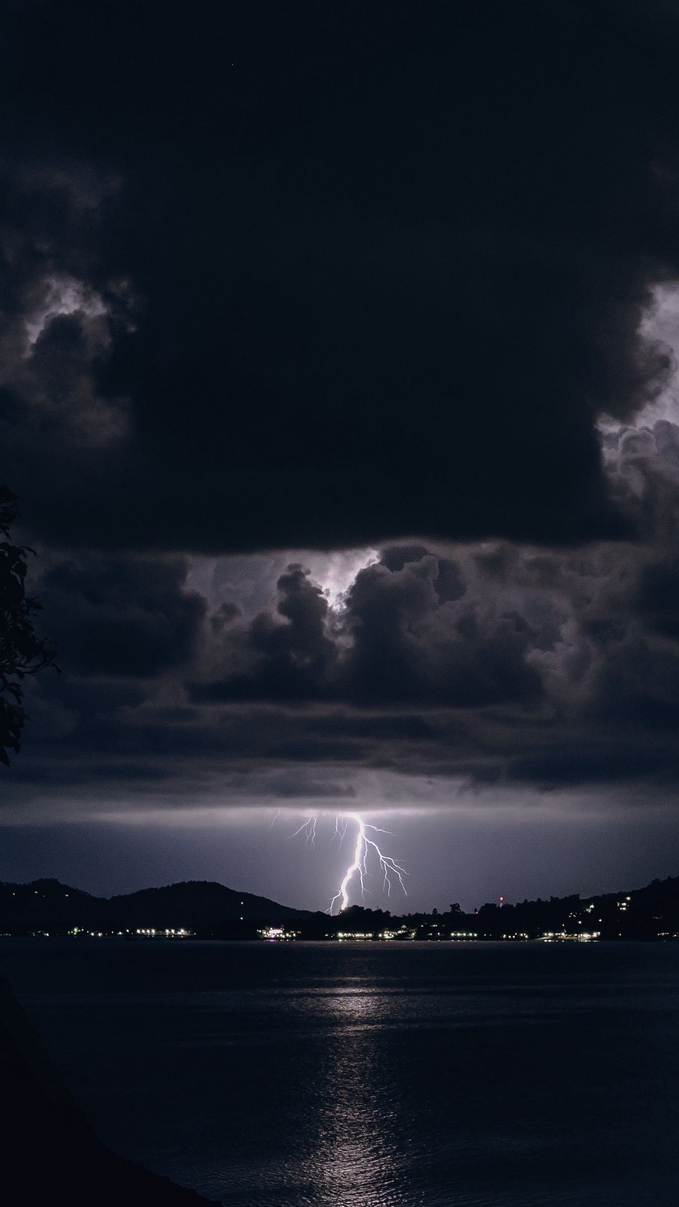 Download wallpaper 1350x2400 lightning, night, overcast, clouds, river iphone 8+/7+/6s+/for parallax HD background