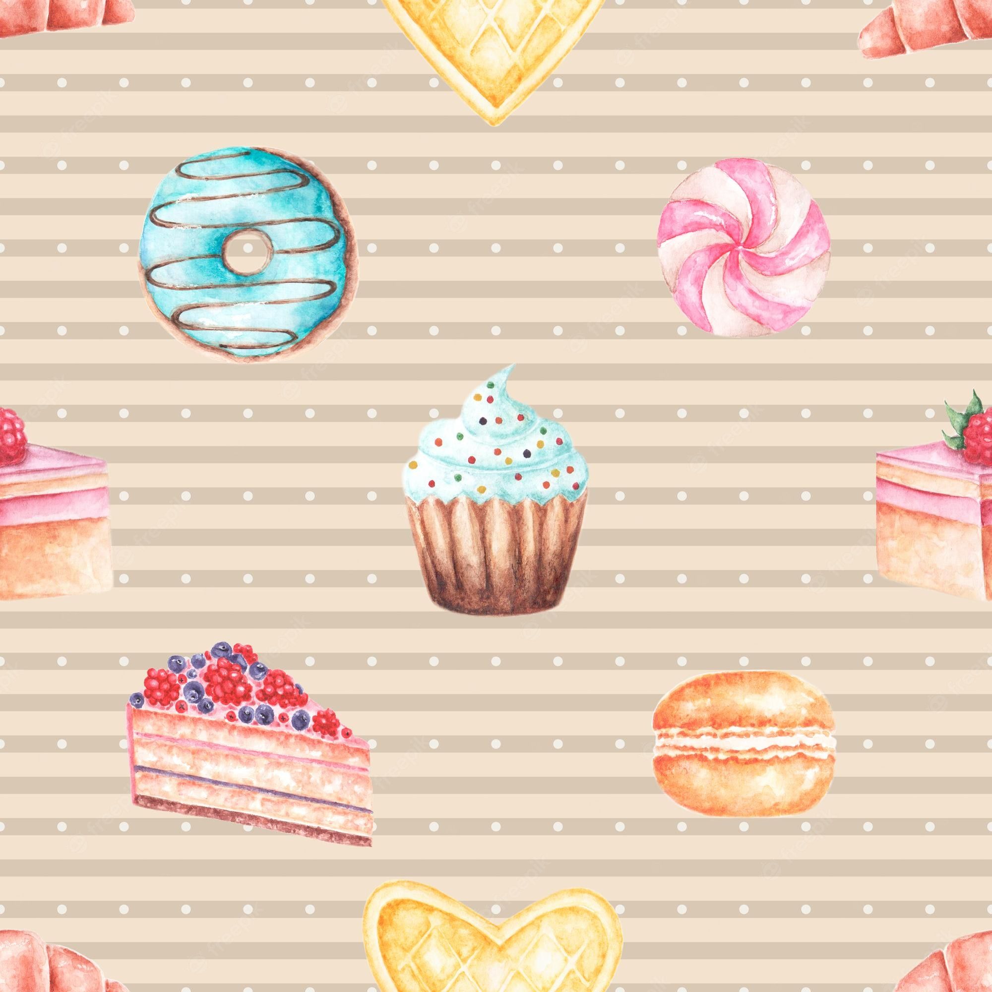 Watercolor illustration of a pattern with cakes and donuts - Cake