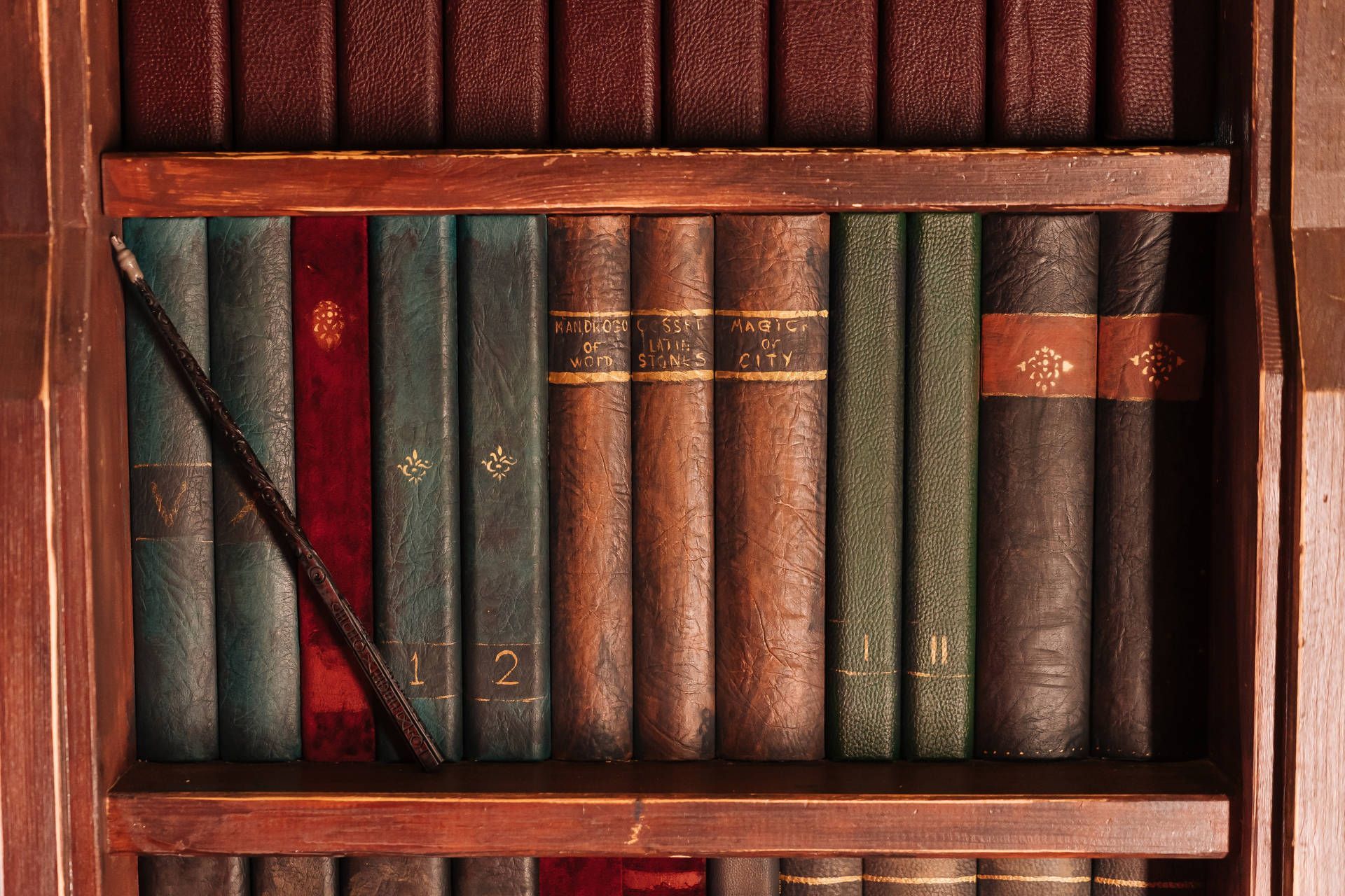 Download Harry Potter Aesthetic Wooden Bookshelf Wallpaper