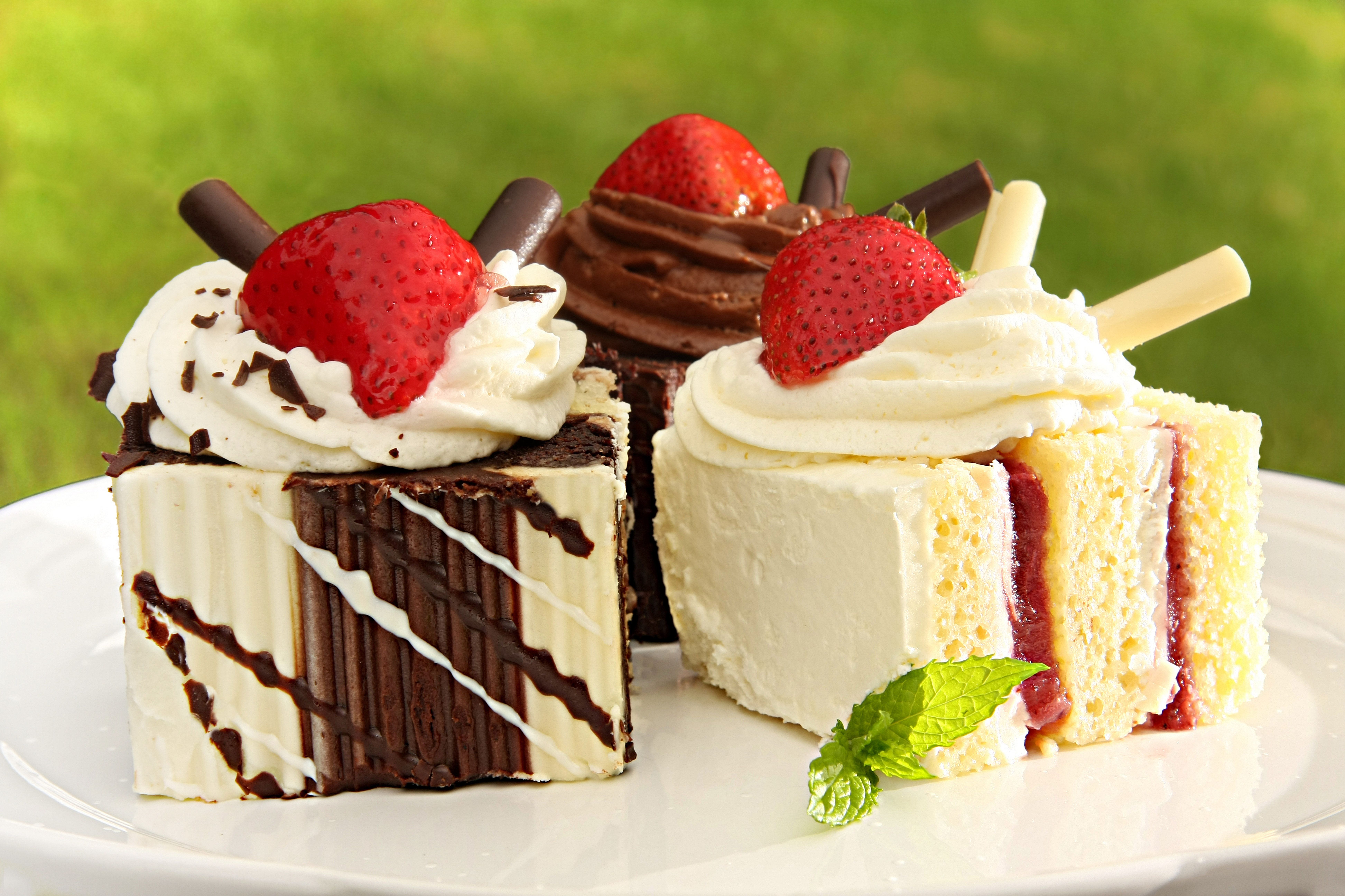A close up of three different types of cake on a plate - Cake