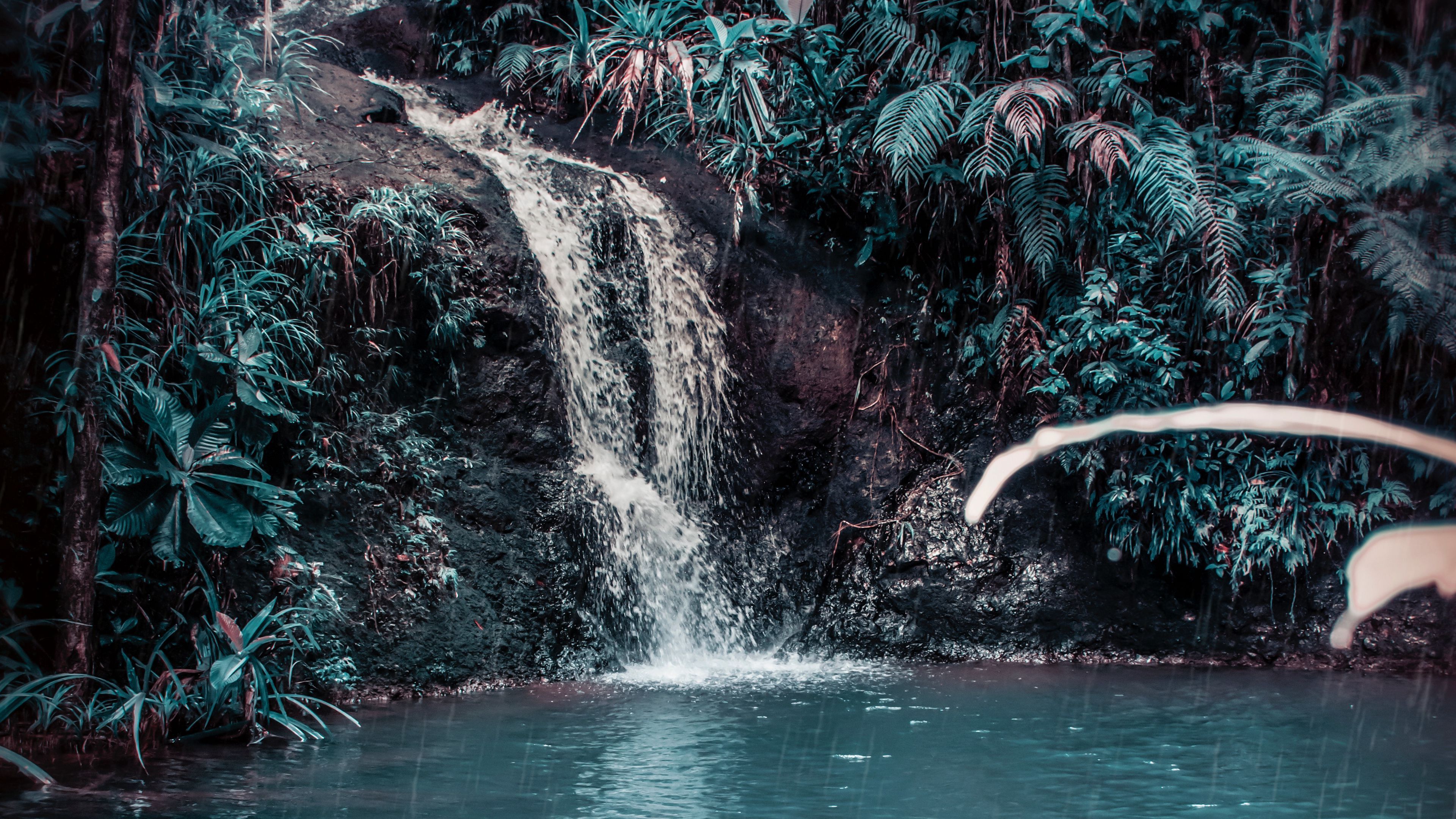 Download wallpaper 3840x2160 waterfall, stream, forest, jungle, tropical, spray, stones 4k uhd 16:9 HD background