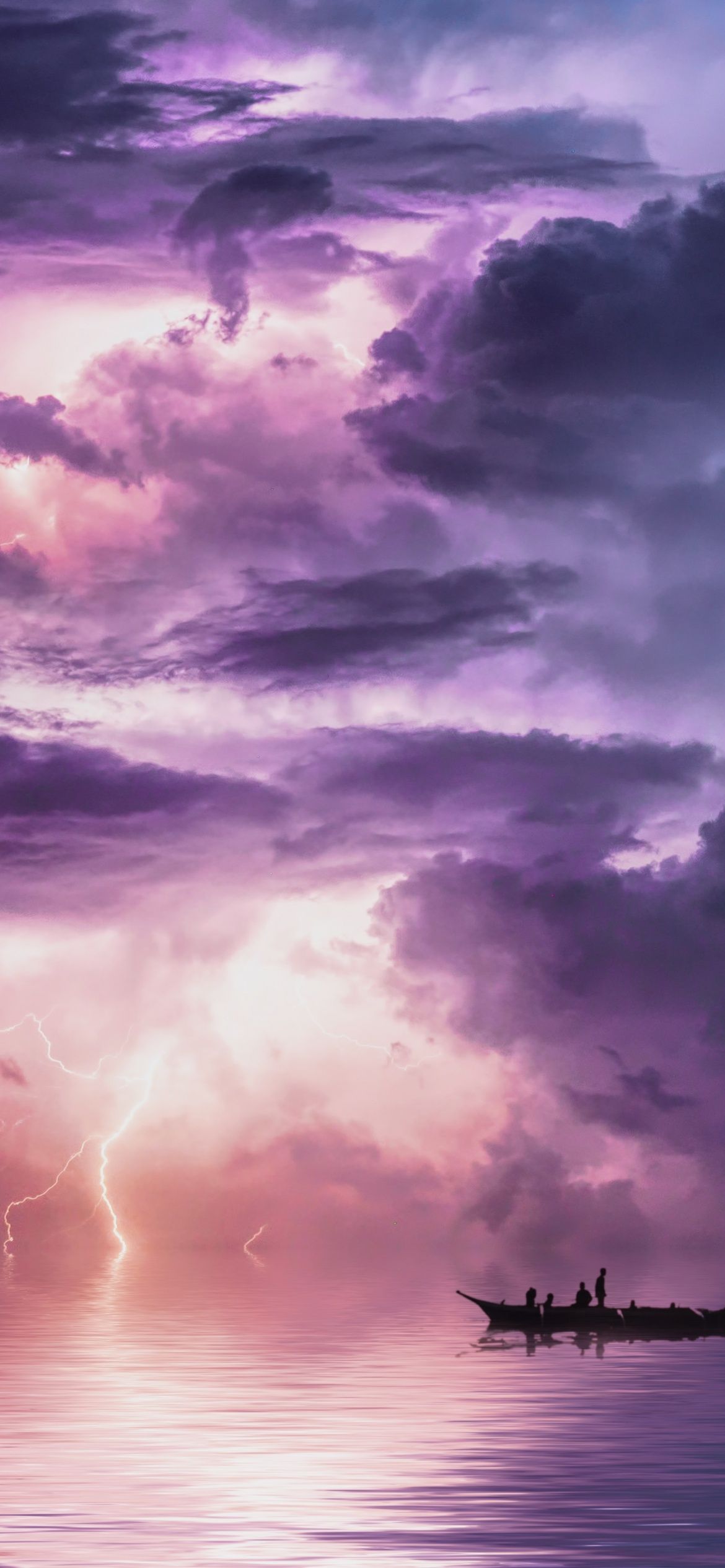 A purple sky with clouds and lightning, with a boat in the foreground. - Storm