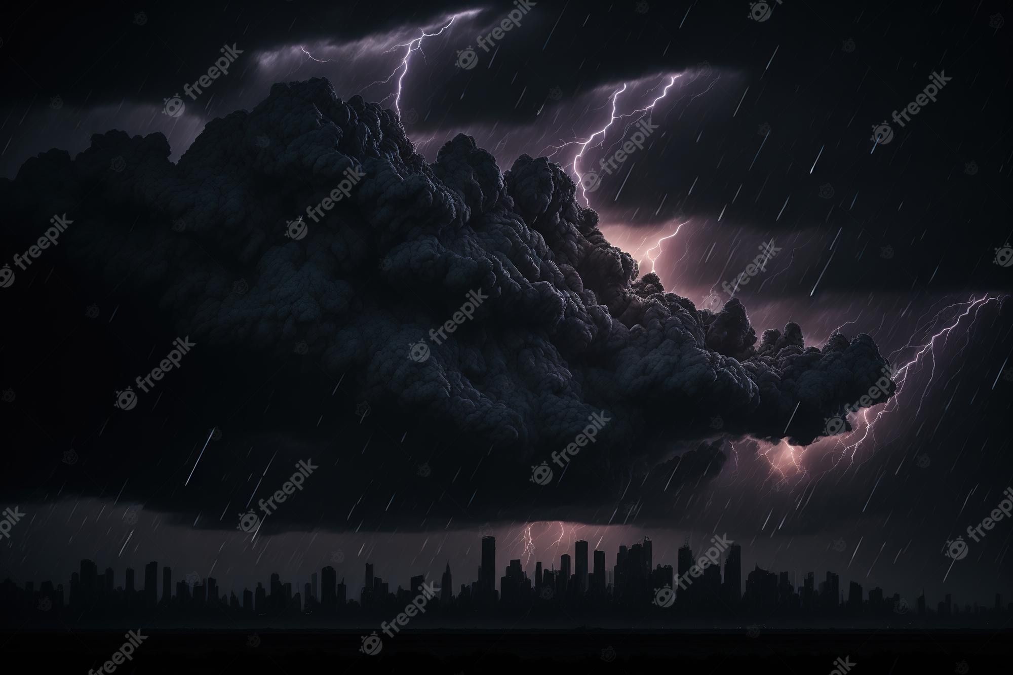 A dark sky with lightning and clouds over the city - Storm