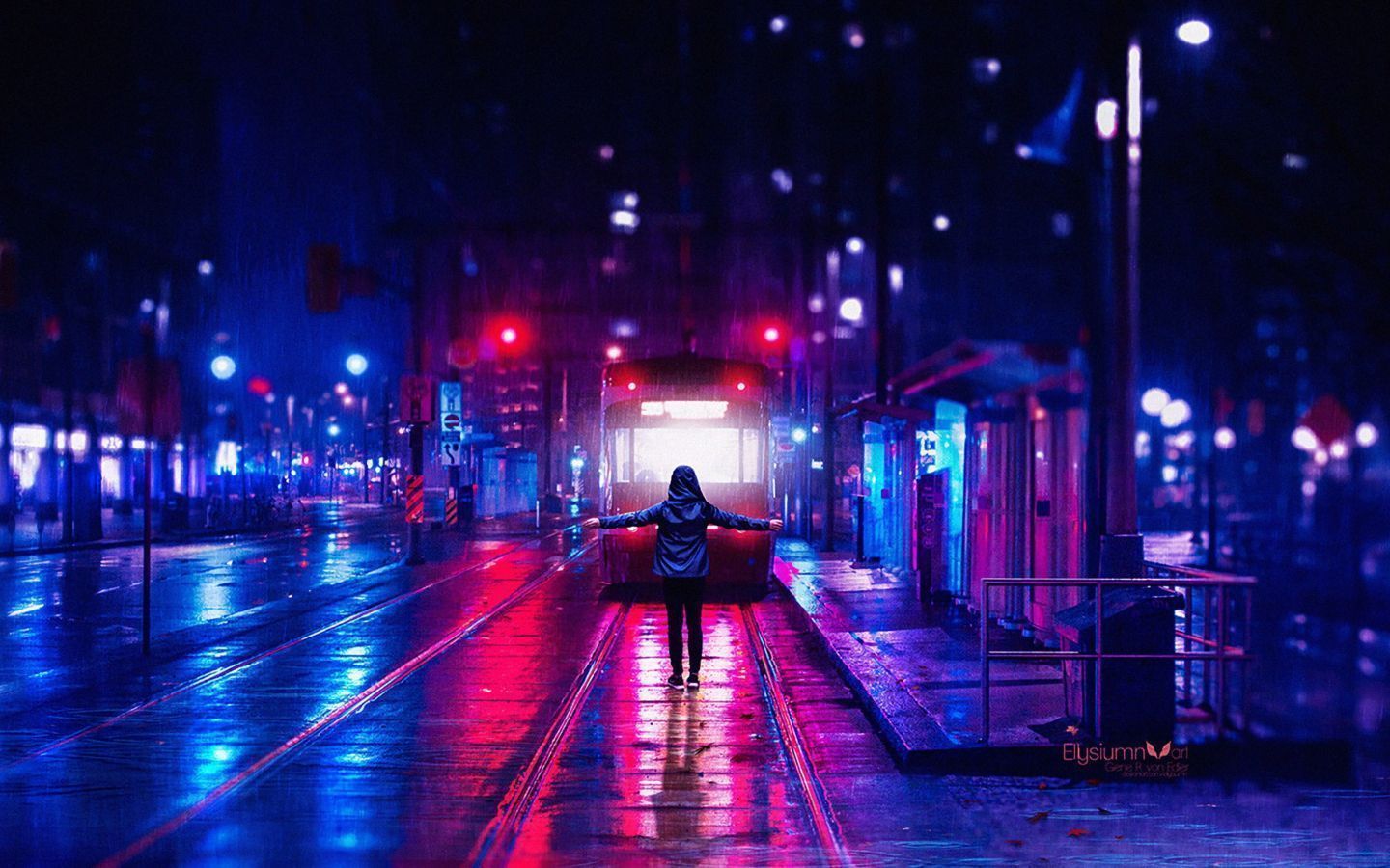 A person standing on a train track in the rain - 1440x900