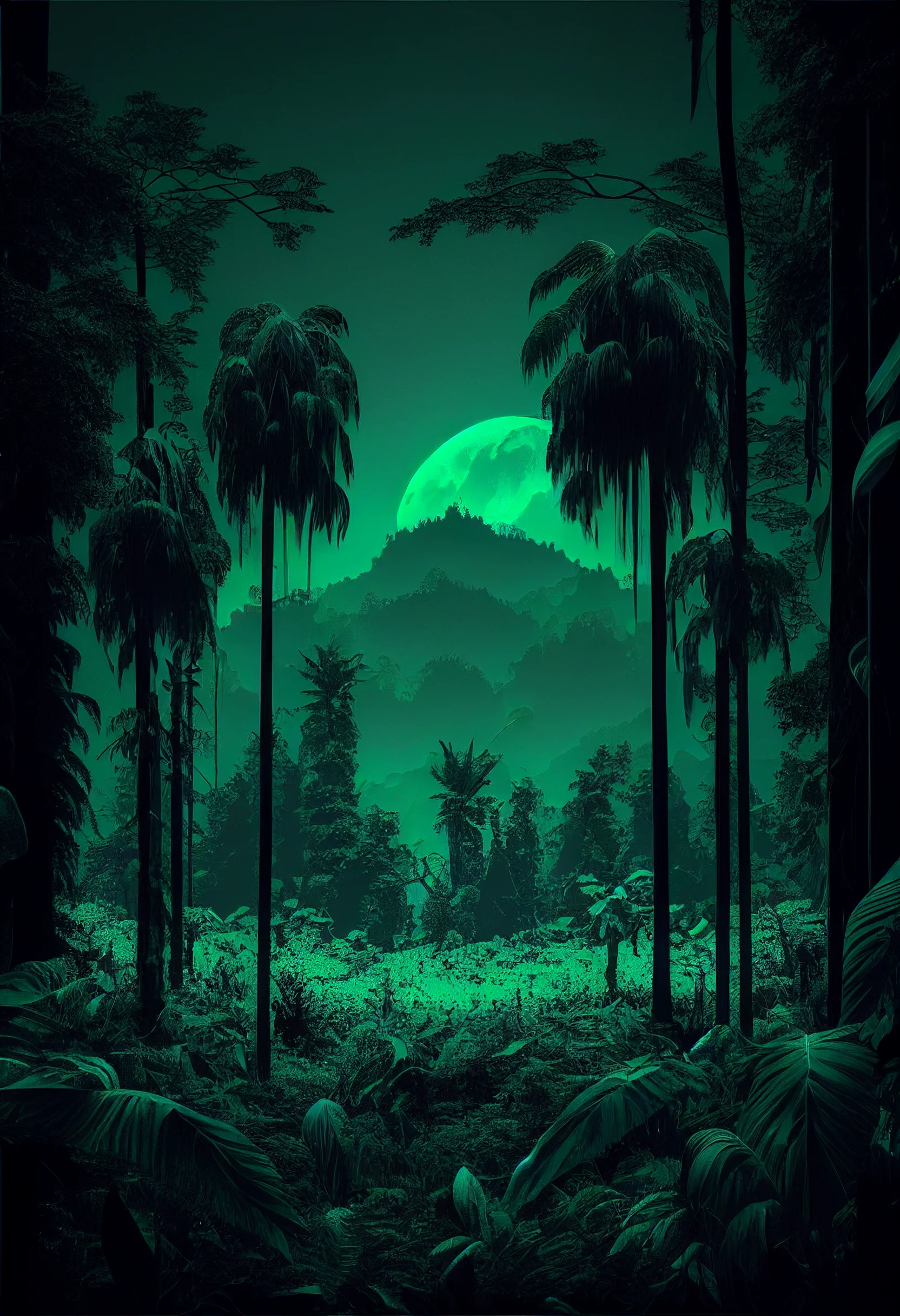 A dark green forest with a bright green moon in the background - Jungle