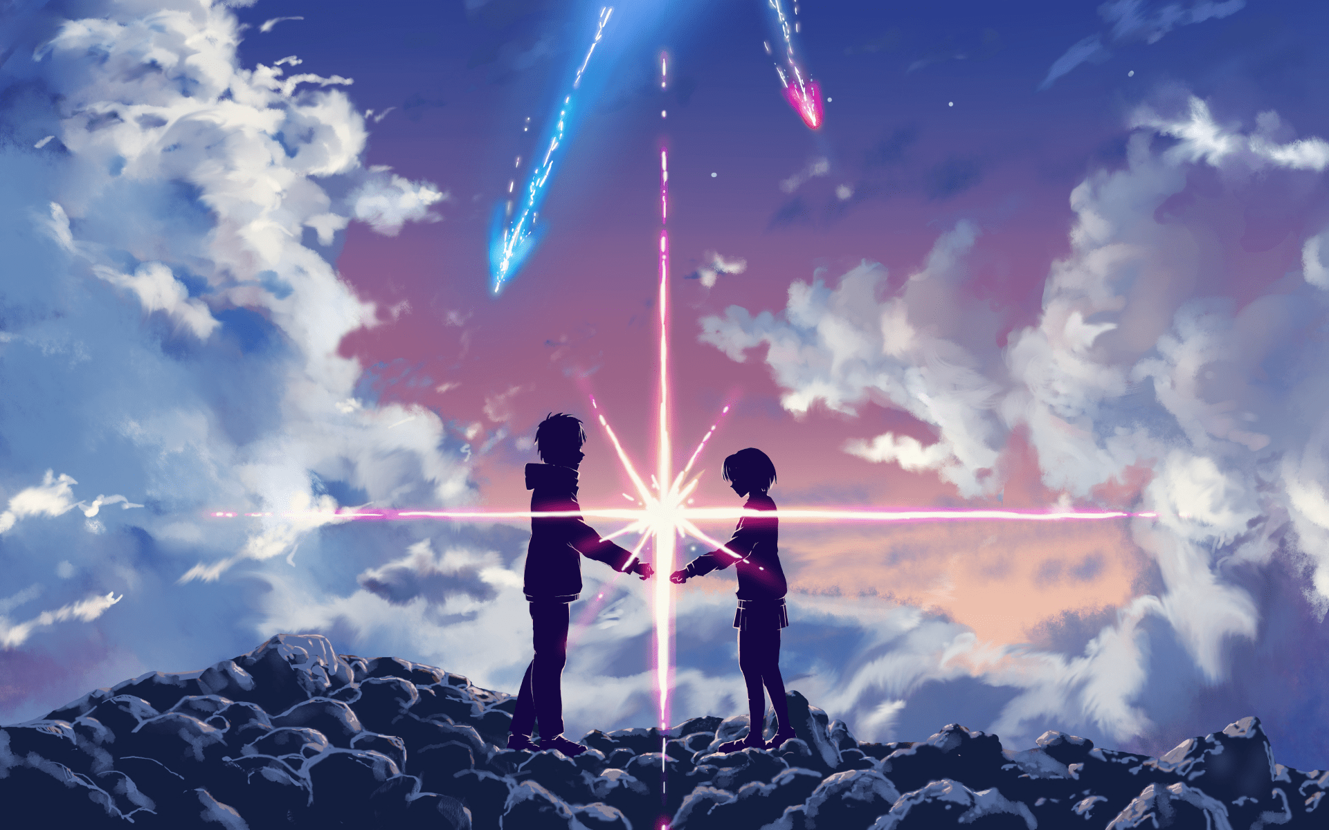 Two characters from the anime film 'Your Name' standing on a hill with a star in the background - 1920x1200