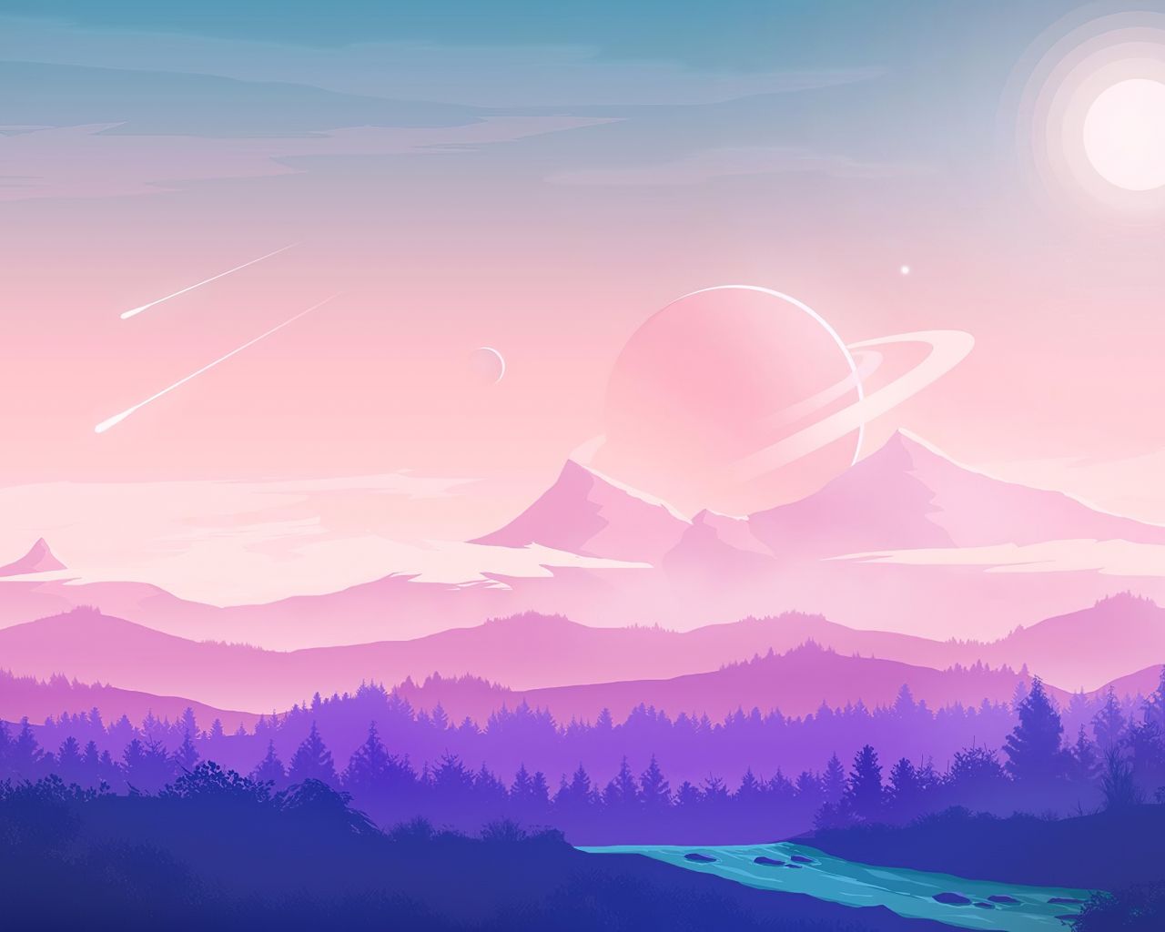 A landscape with mountains, trees and the sun - 1280x1024