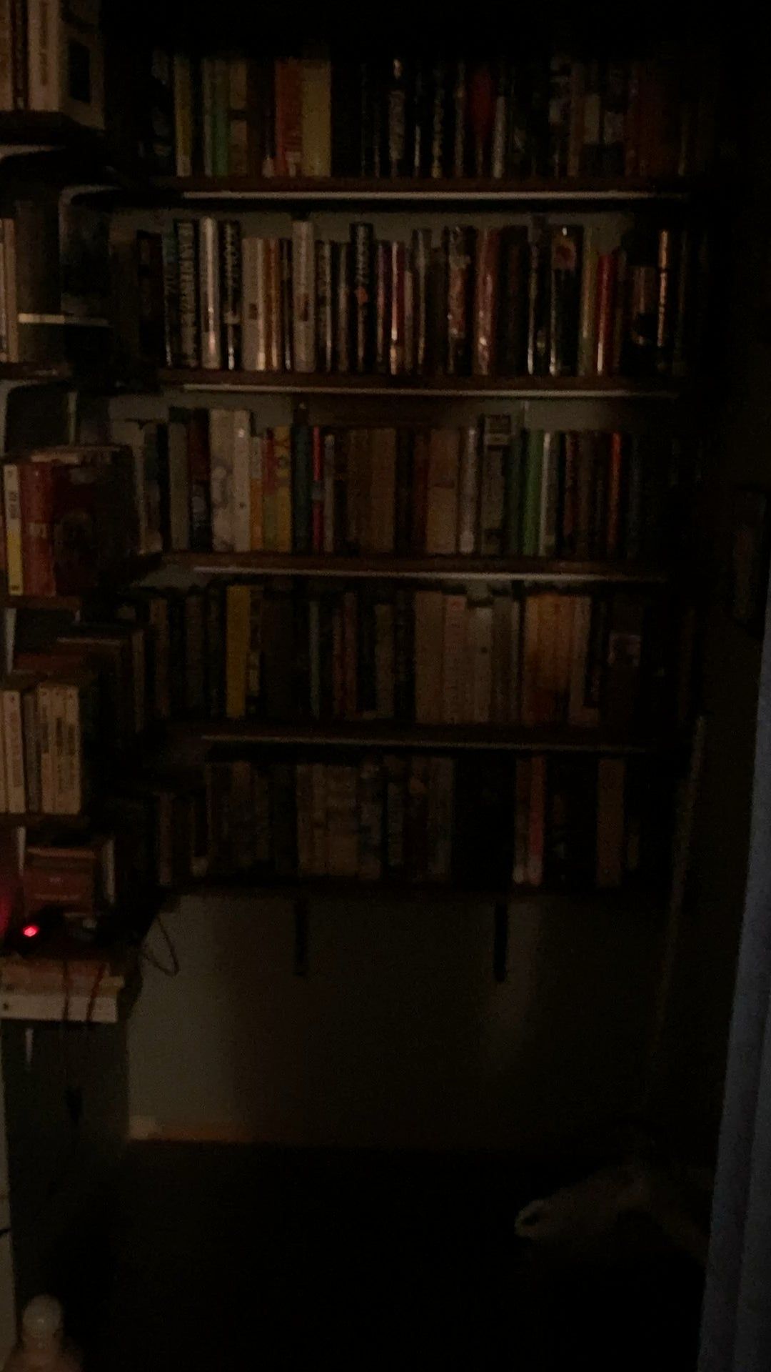 A dark room with a bookshelf full of books - Bookshelf