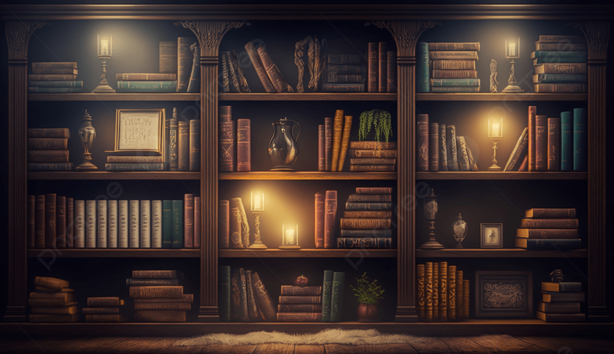 A bookshelf with many books, a few potted plants, and a few lamps. - Bookshelf