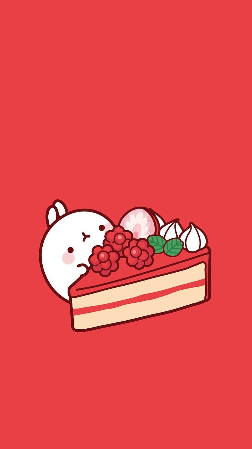 A cute cartoon bunny laying on top of some red and white dessert - Cake