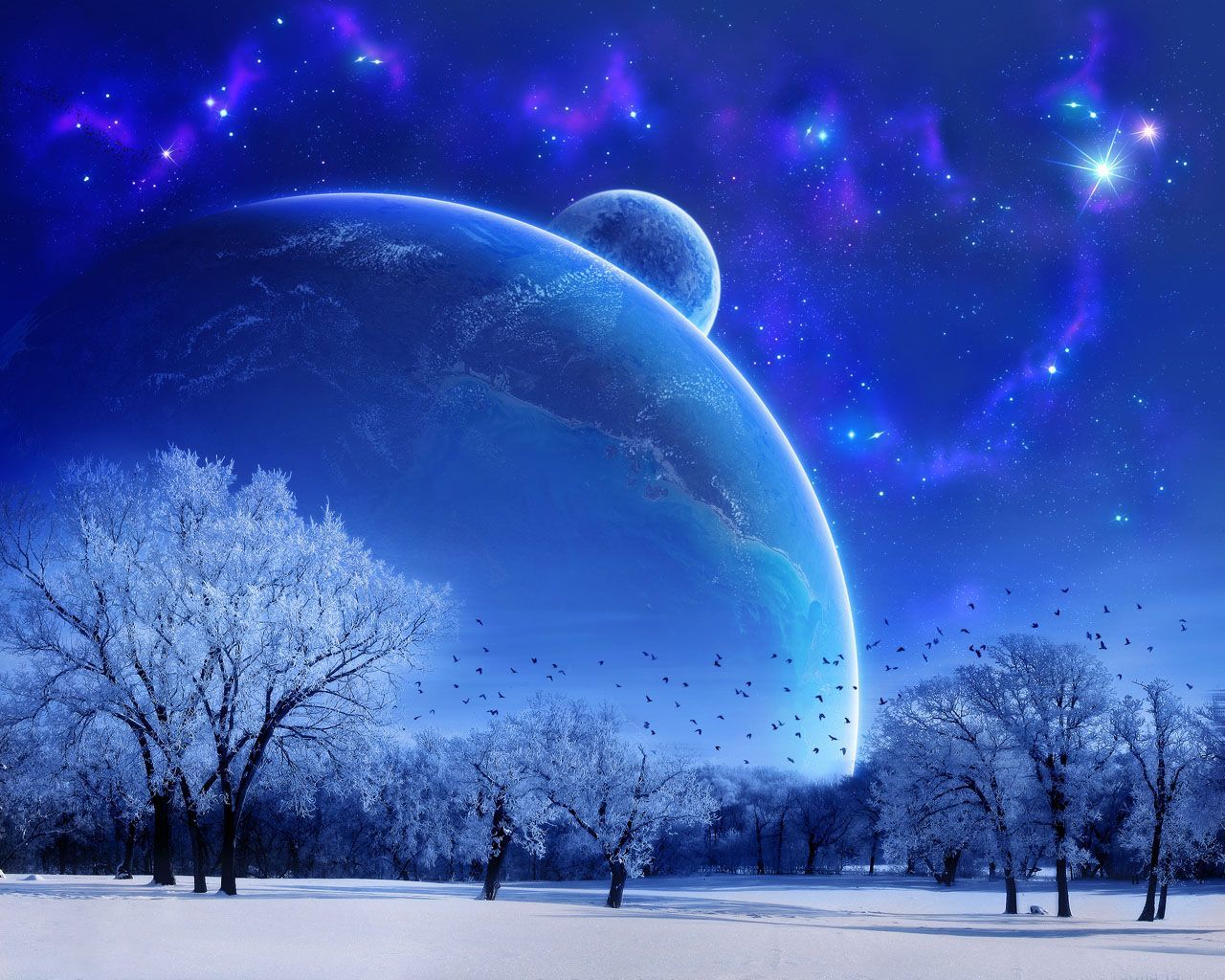 A winter scene with the earth and stars - 1280x1024