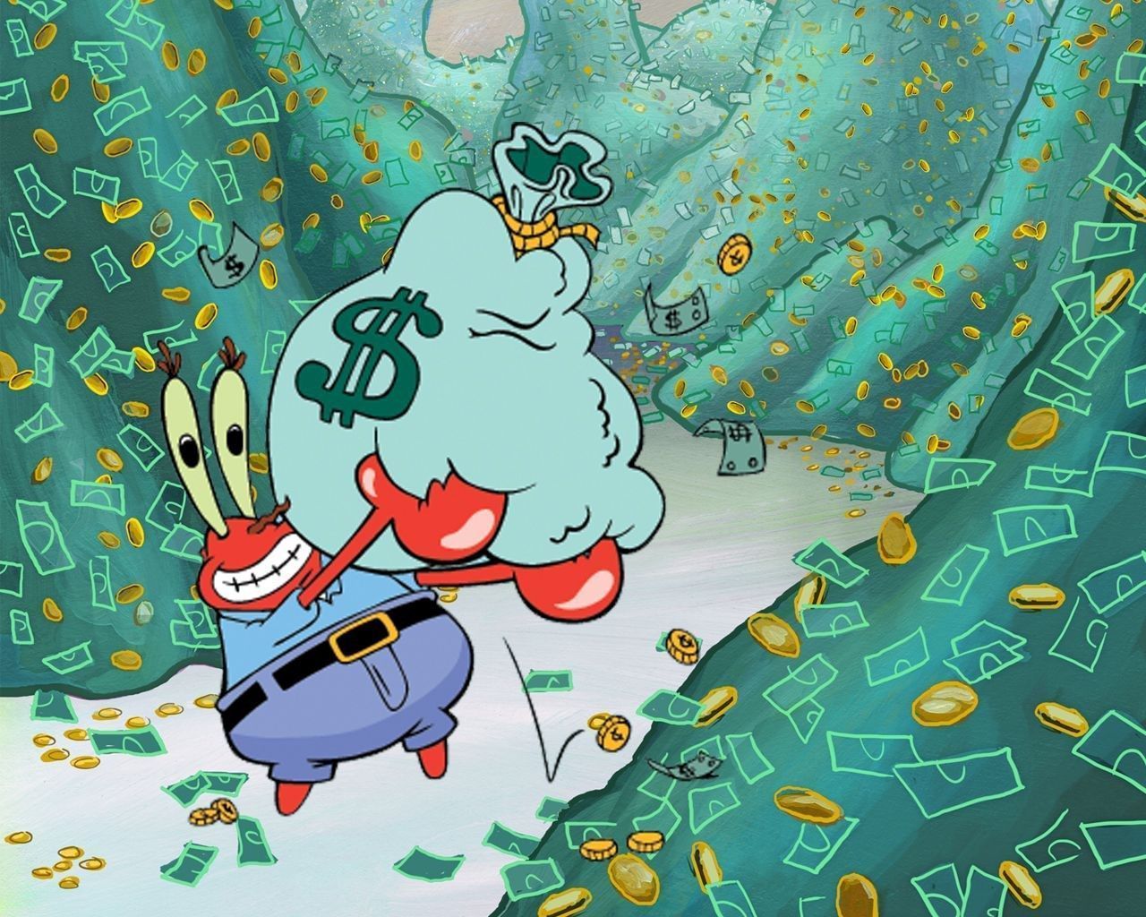 Mr. Krabs holding a dollar sign and standing on a pile of money - 1280x1024