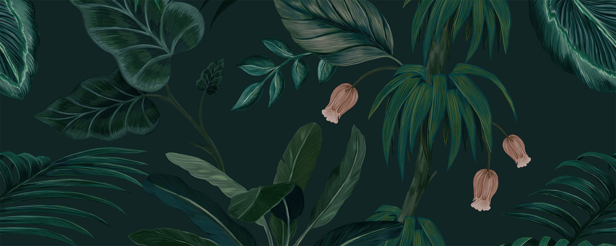 A wallpaper design featuring a dark green jungle with large leaves and flowers - Jungle