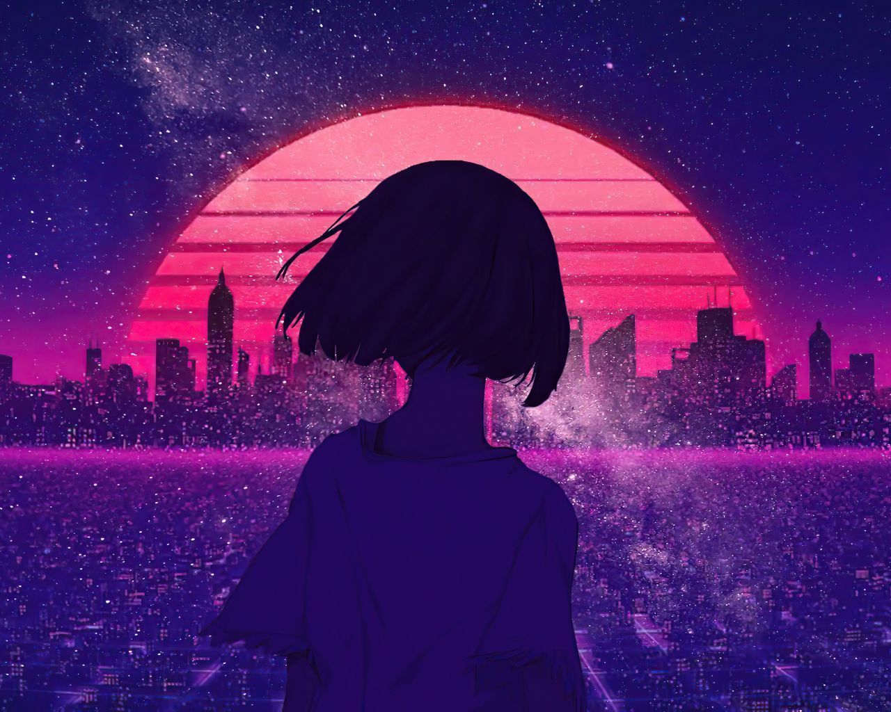 A girl in the city at sunset - 1280x1024