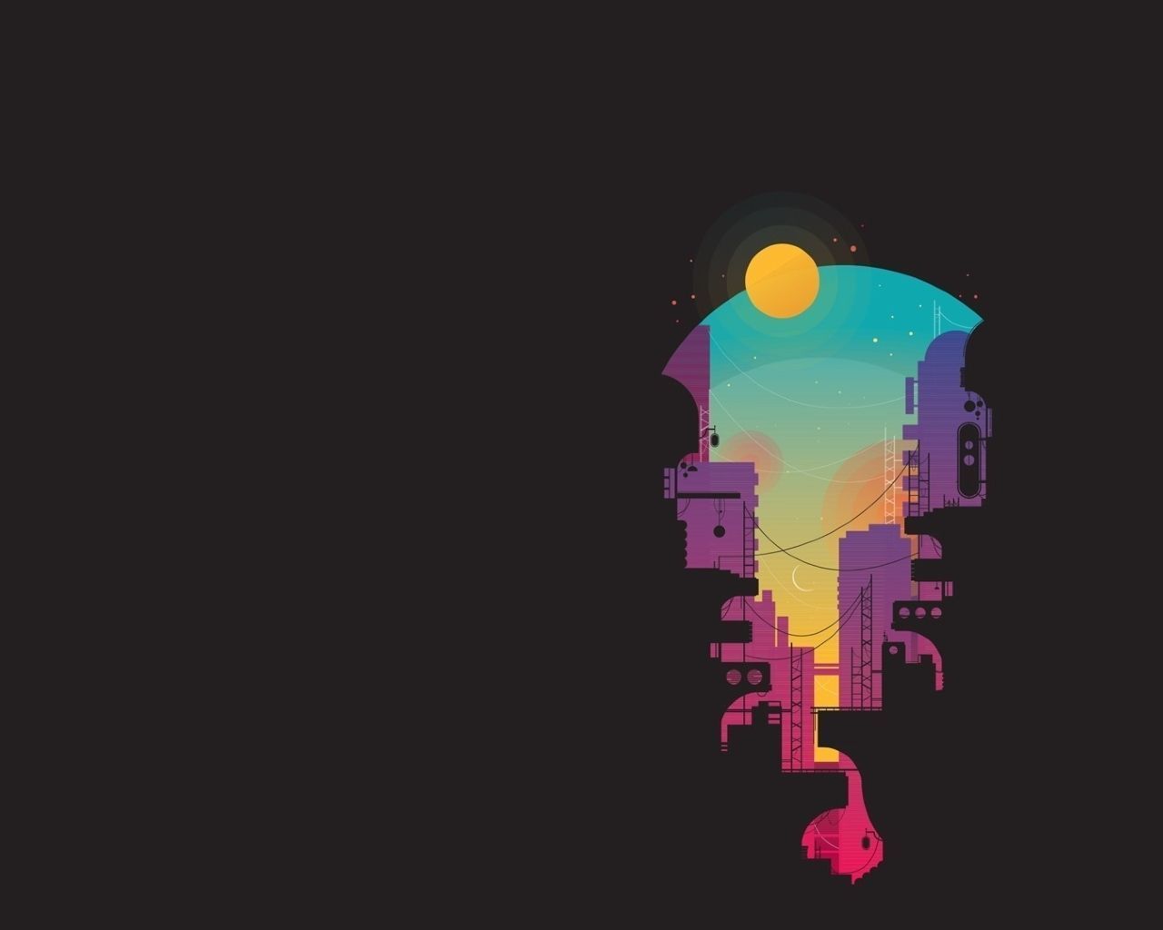 A digital illustration of a head made up of buildings and the moon - 1280x1024