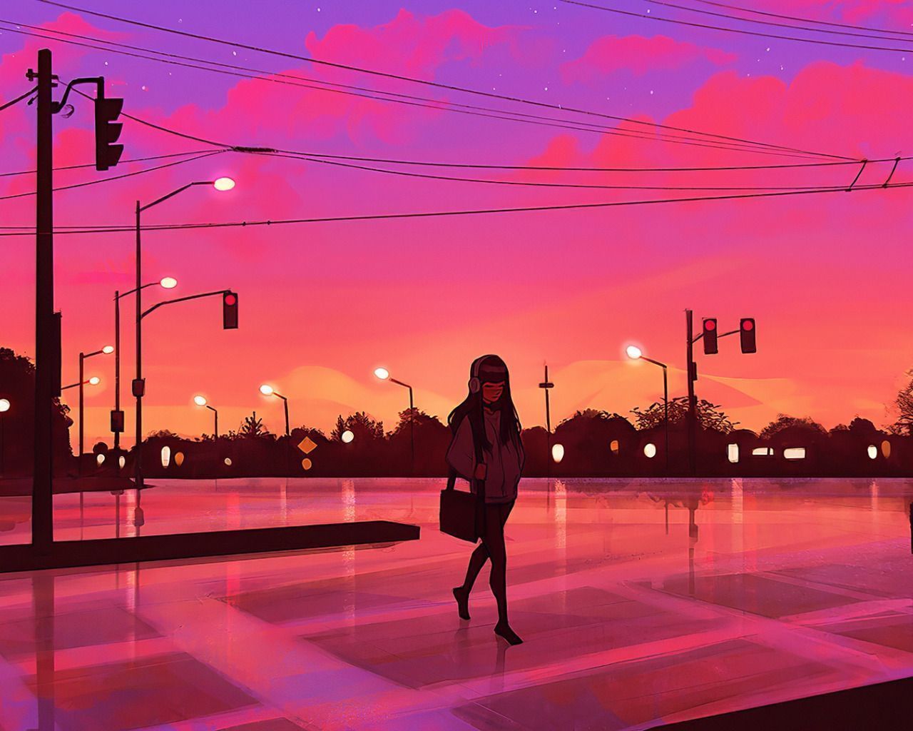 Download wallpaper girl, sunset, street, the evening, section art in resolution 1280x1024