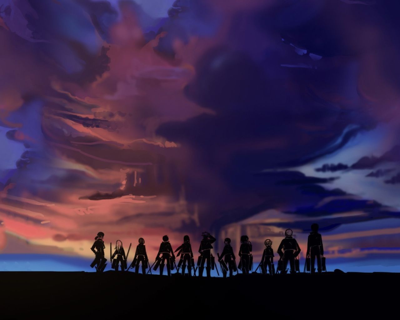 A silhouette of the Straw Hat Pirates, led by Luffy, against a sunset sky - 1280x1024