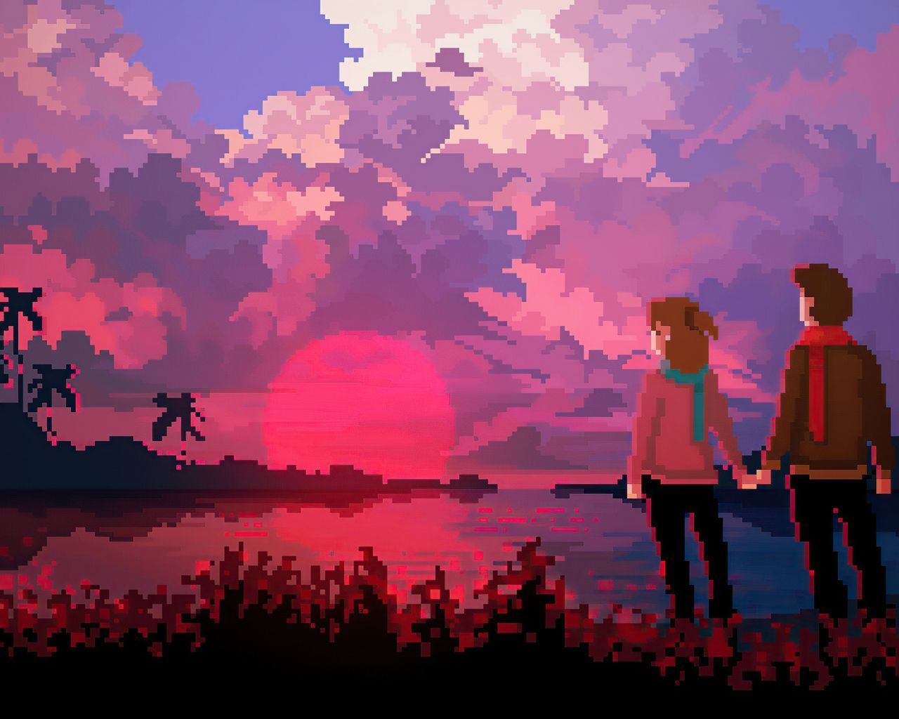 Pixel art of a man and a woman holding hands and looking out at a sunset - 1280x1024