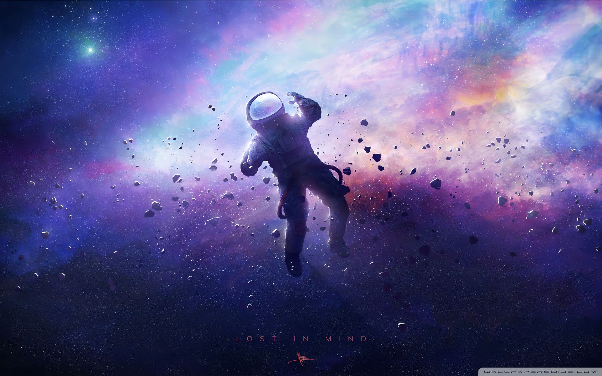A man in an astronaut suit floating above the stars - 1920x1200