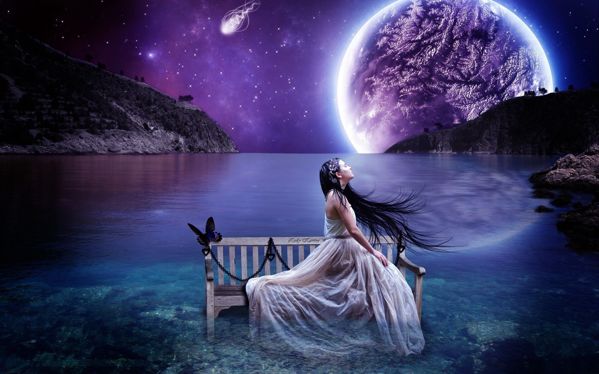 Wallpaper Aesthetic creative landscape, lake water benches girl, sky planet 1920x1200 HD Picture, Image