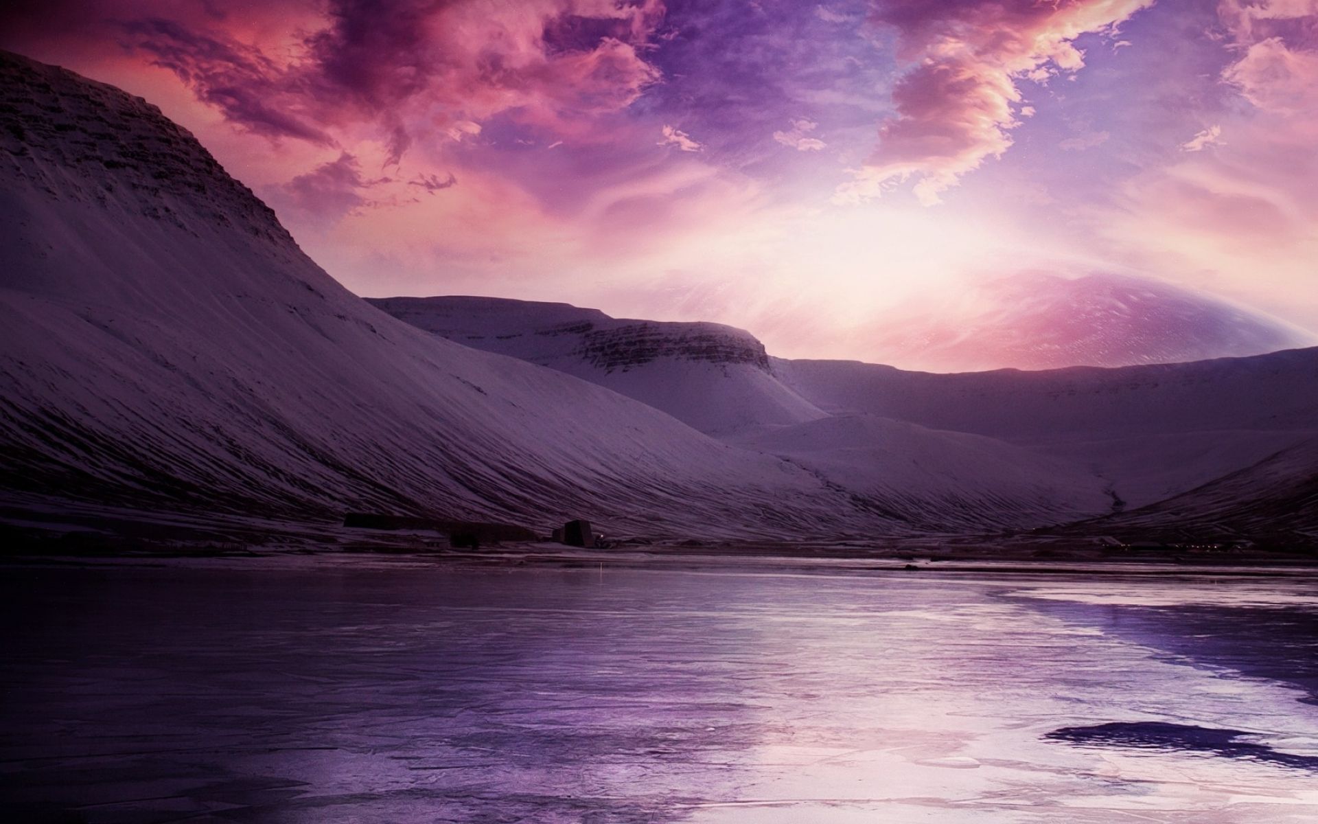 A purple sunset over a mountain lake - 1920x1200