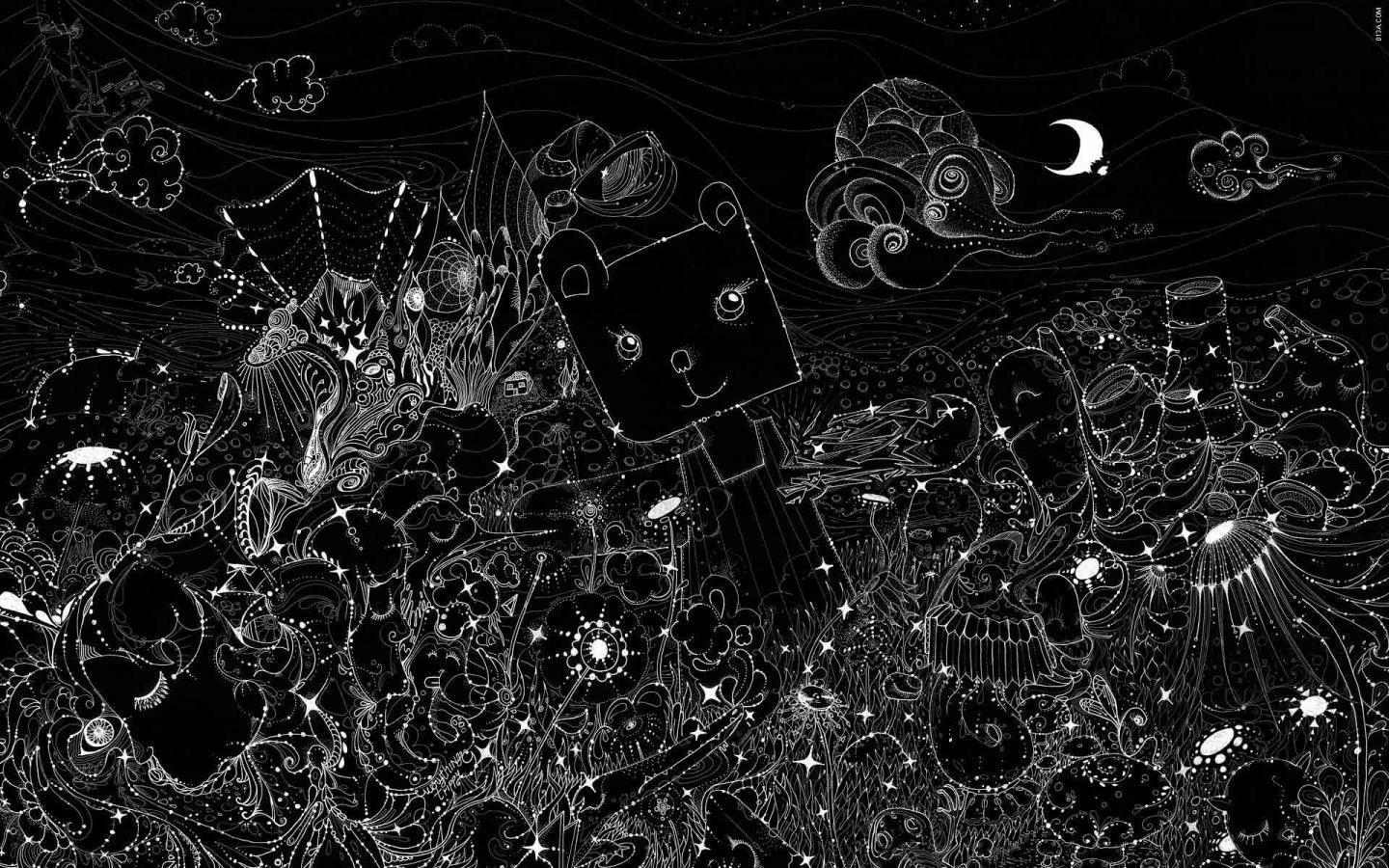 A black and white illustration of a robot surrounded by stars, planets, and other celestial objects. - 1440x900