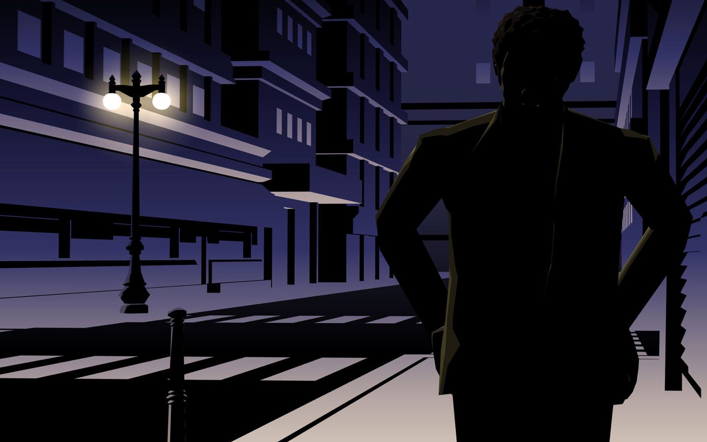 A man in a suit stands on a city street at night. - 1440x900