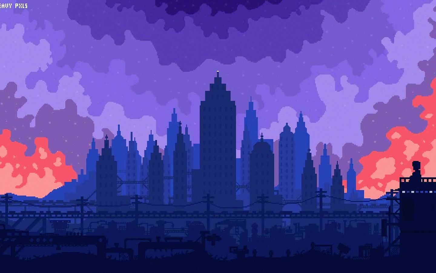 A pixelated city skyline at dusk with purple and pink clouds in the sky. - 1440x900