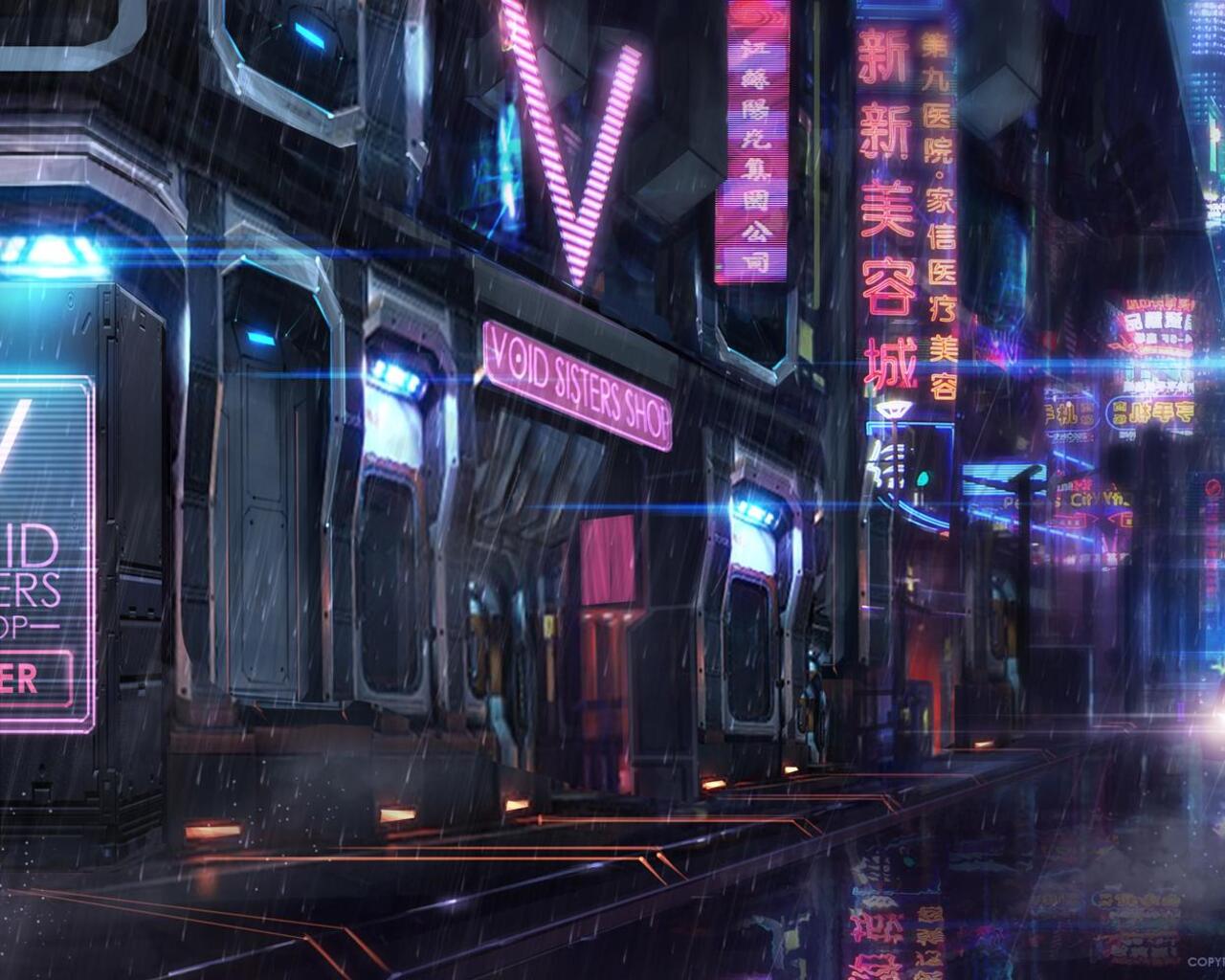 A cyberpunk city at night with neon lights and rain. - 1280x1024