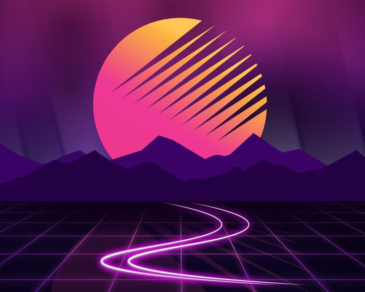 A purple and pink sunset with neon lines - 1280x1024
