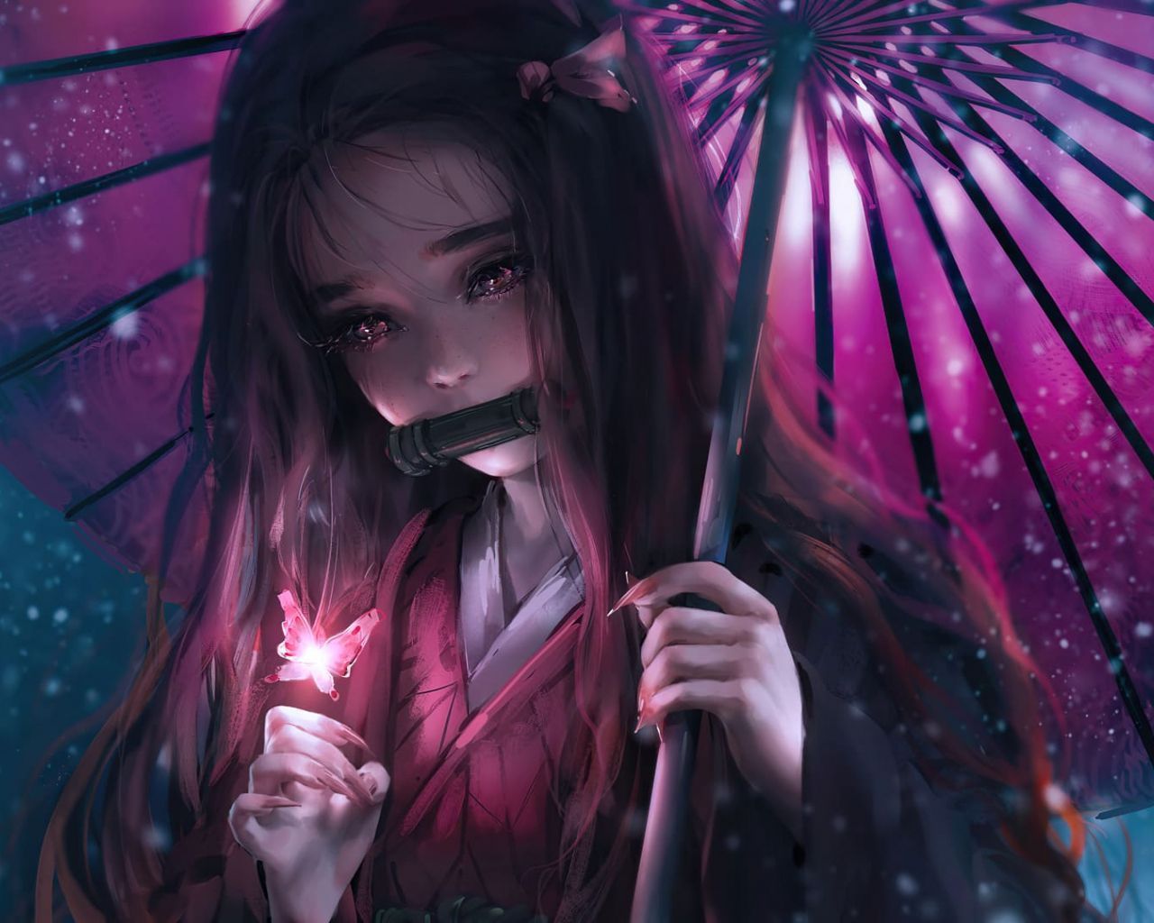 Anime girl with pink umbrella and pink butterfly in her hand - 1280x1024
