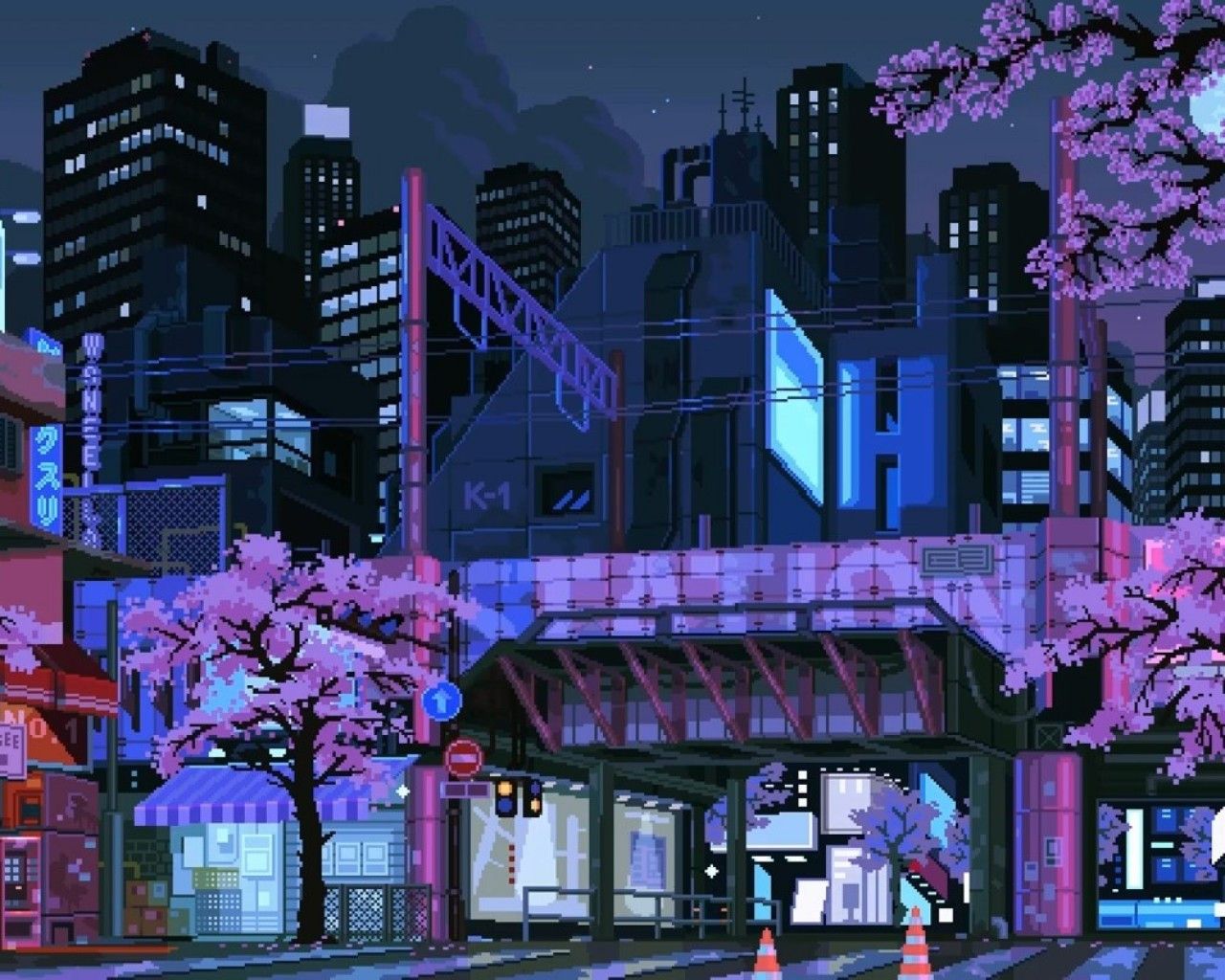 A city at night with neon lights and trees - 1280x1024
