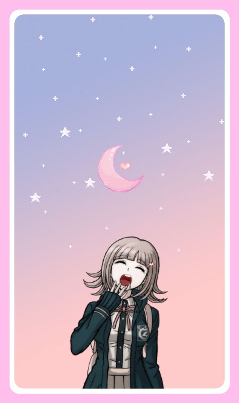 Anime girl with white hair and pink moon in the background - Danganronpa