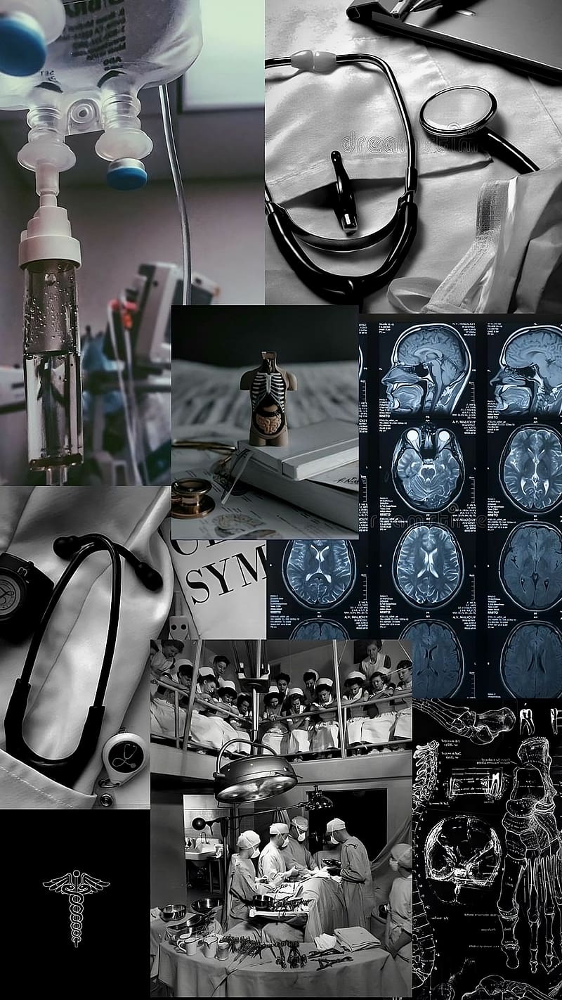 A collage of medical images including stethoscopes, scans, and surgeons. - Nurse, medical