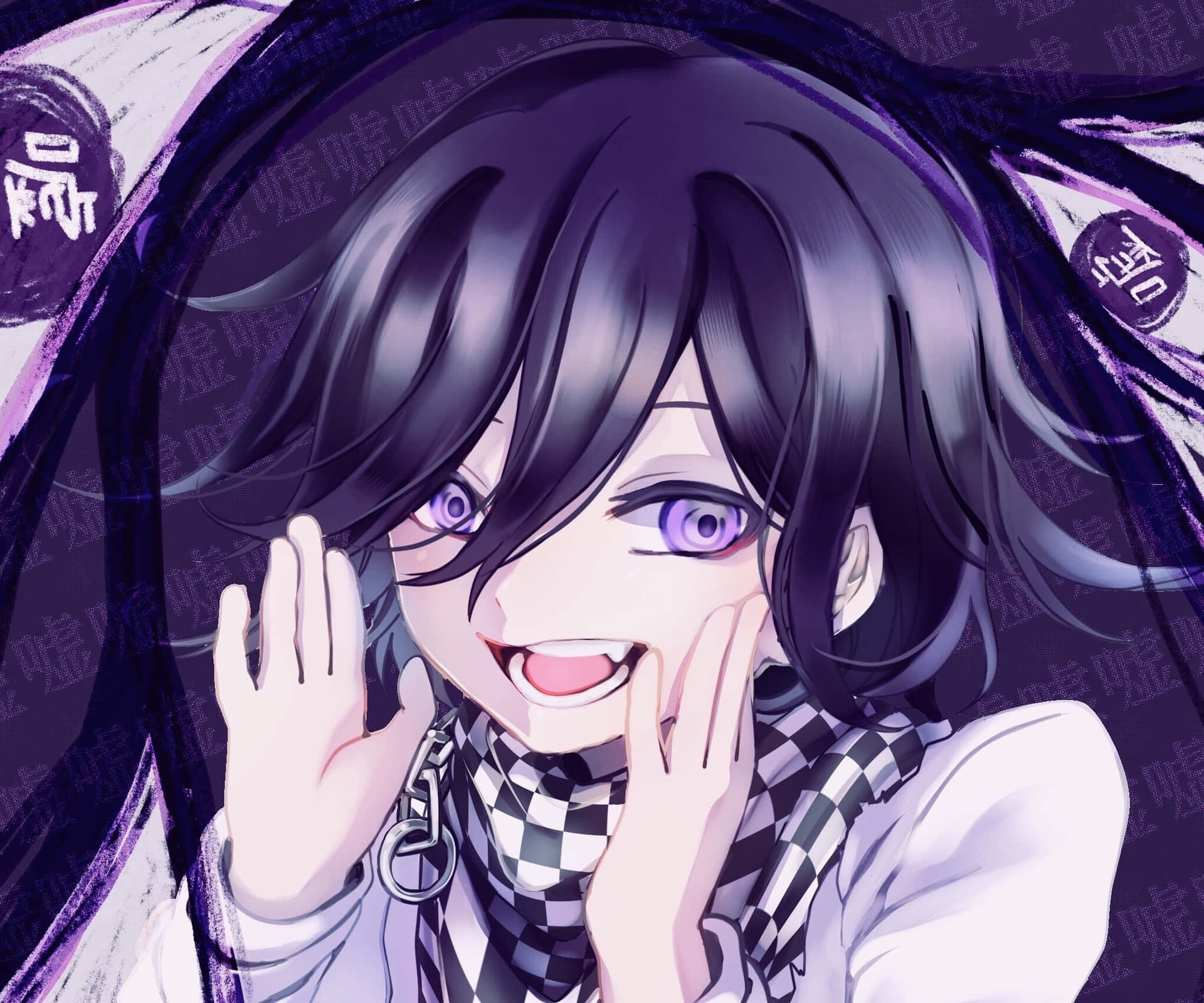 This is a picture of a black anime girl with long black hair and purple eyes. - Danganronpa