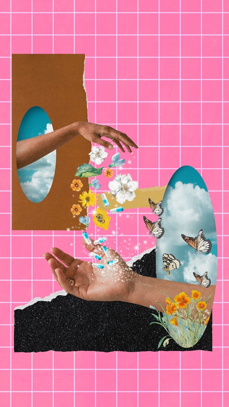 A collage of hands holding a broken mirror that reflects a sky, flowers, and butterflies. - Medical