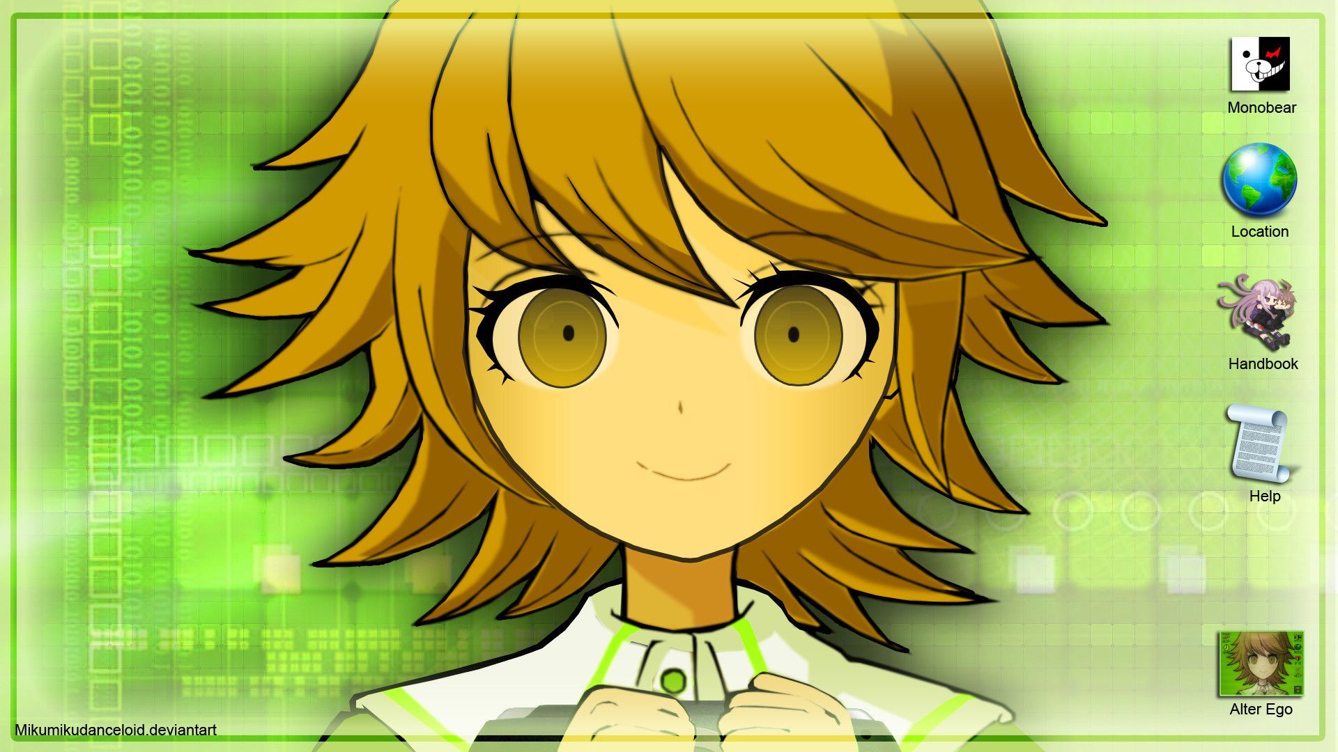 A girl with brown hair and brown eyes, wearing a white shirt with a green background. - Danganronpa