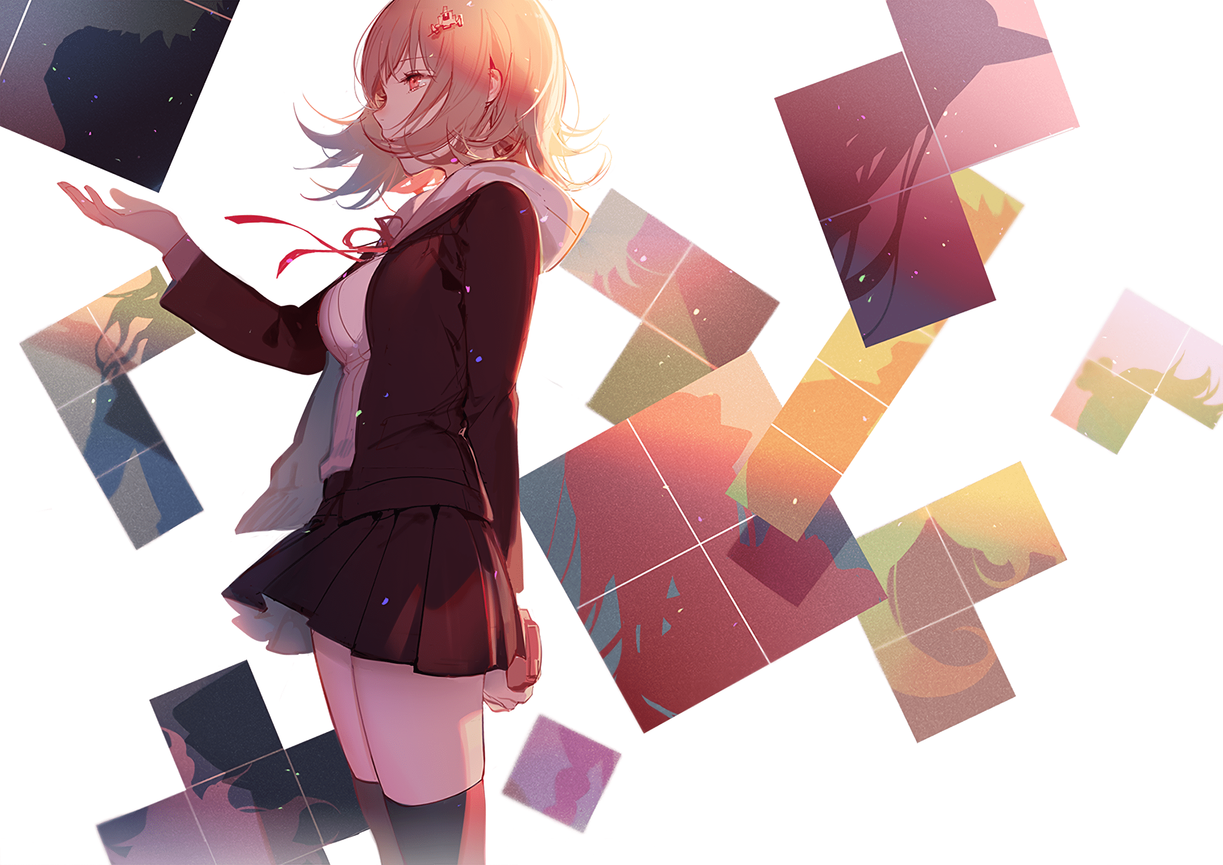 A woman standing in front of some blocks - Danganronpa