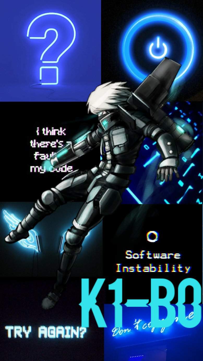 A blue and black poster with the words k-1 b0 - Danganronpa