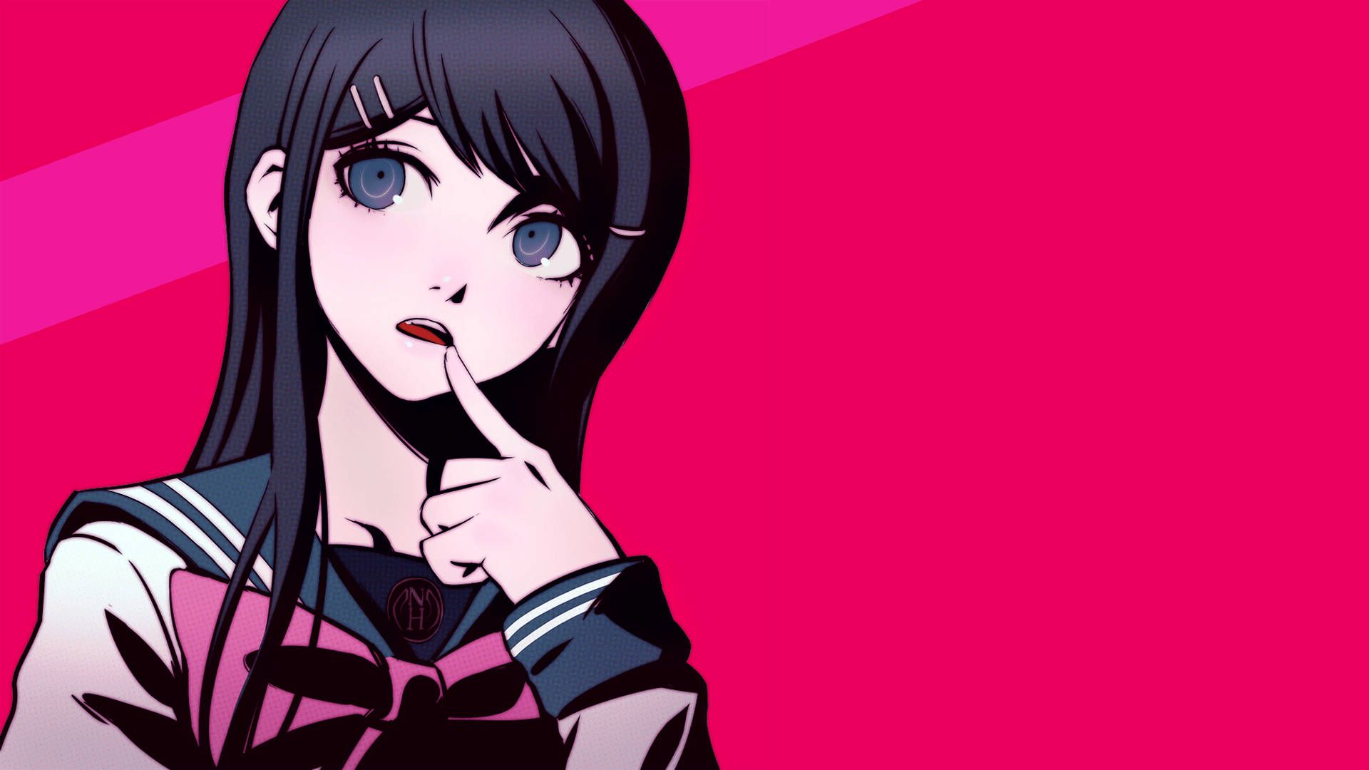 A girl with black hair and blue eyes wearing a school uniform points to her mouth with her index finger. - Danganronpa